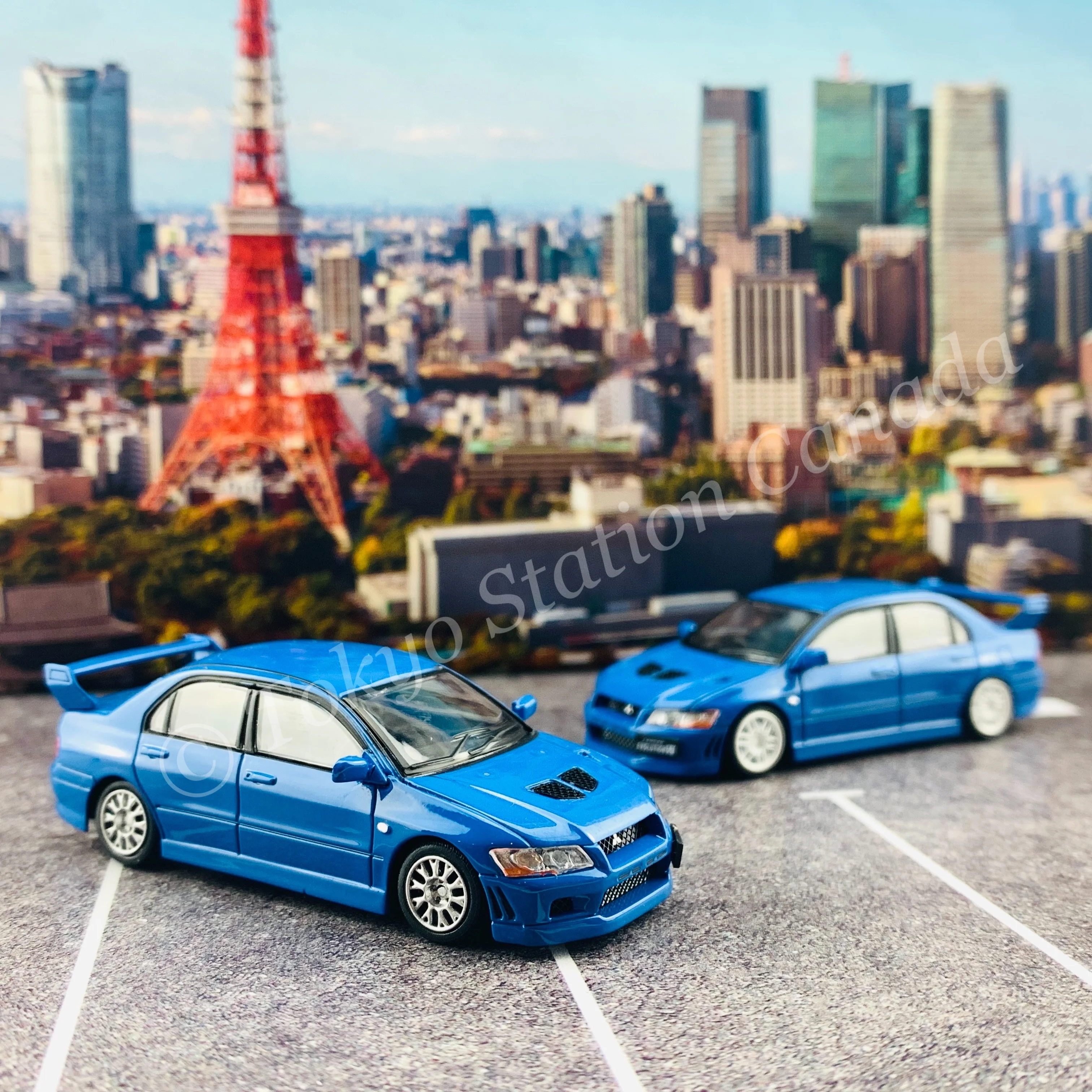 BM CREATIONS JUNIOR 1/64 Mitsubishi Lancer Evolution VII BLUE RHD with Extra Wheel Set and Lowering Parts 64B0088 - Image 10