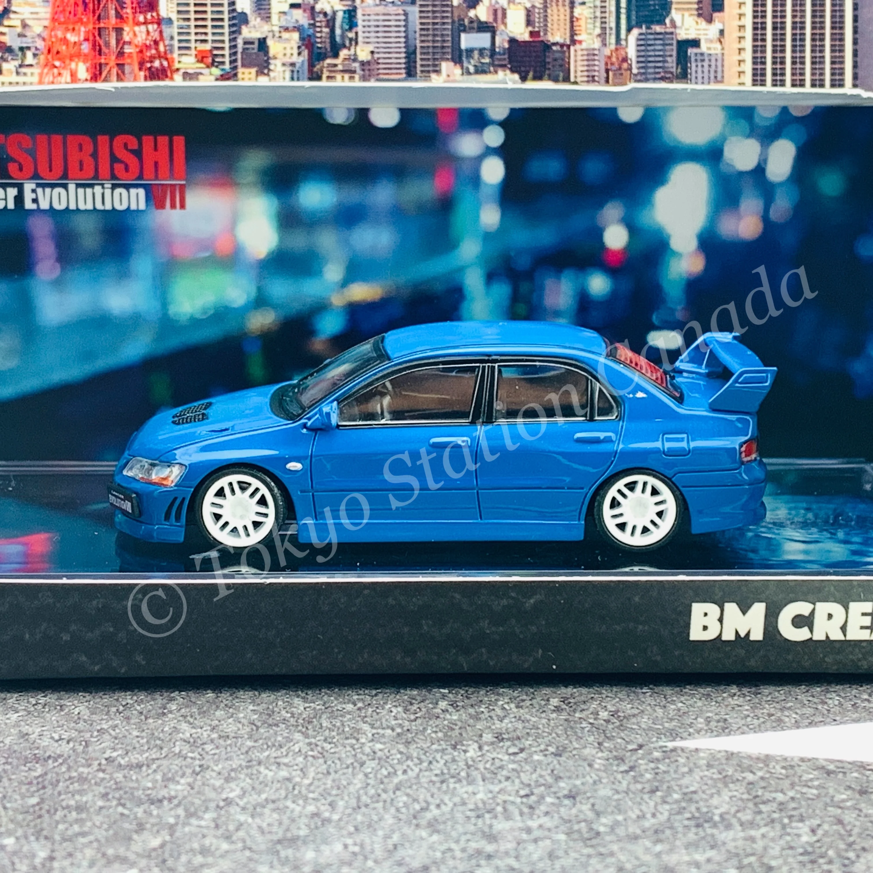BM CREATIONS JUNIOR 1/64 Mitsubishi Lancer Evolution VII BLUE RHD with Extra Wheel Set and Lowering Parts 64B0088 - Image 5