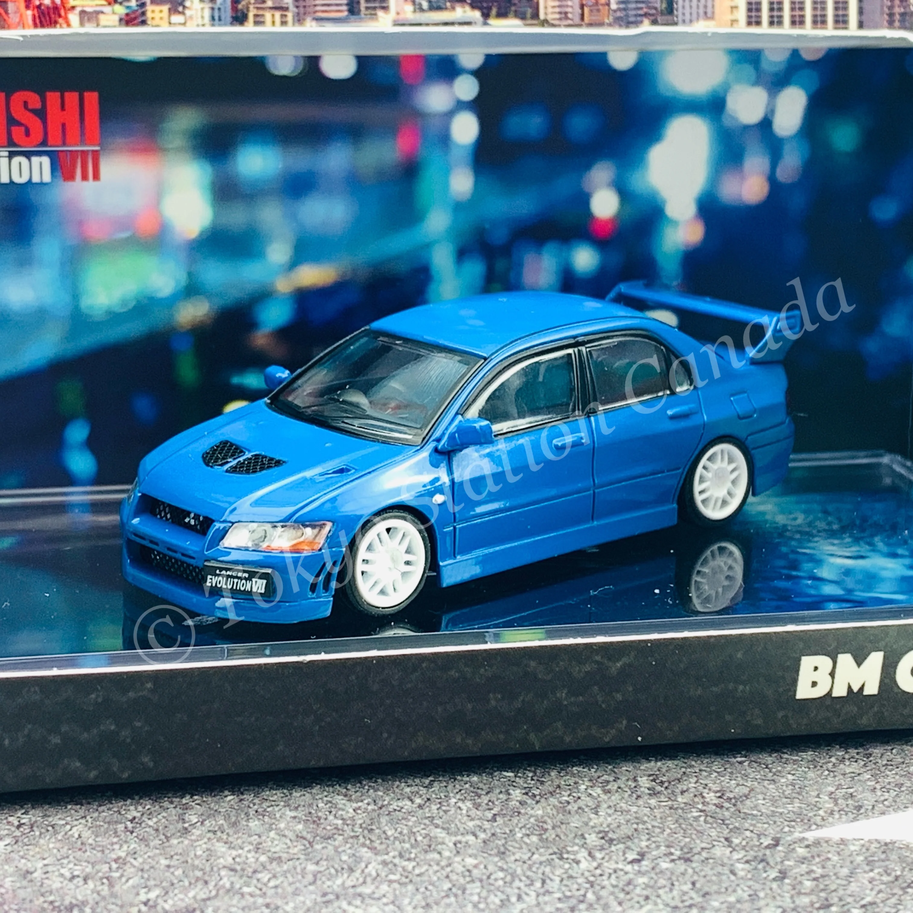 BM CREATIONS JUNIOR 1/64 Mitsubishi Lancer Evolution VII BLUE RHD with Extra Wheel Set and Lowering Parts 64B0088 - Image 6