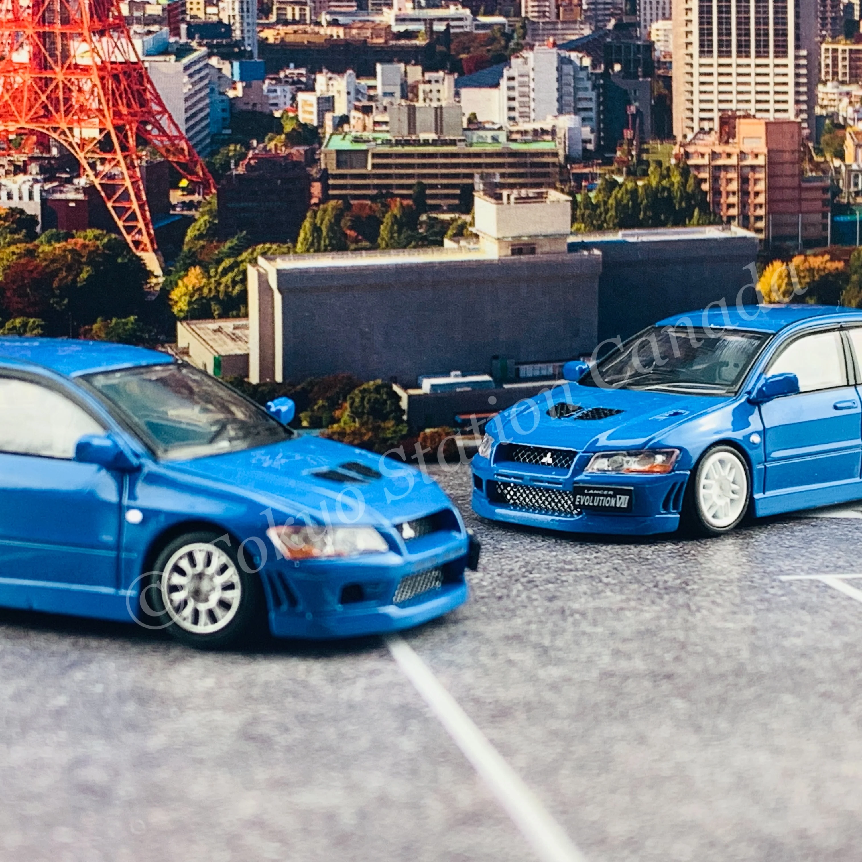 BM CREATIONS JUNIOR 1/64 Mitsubishi Lancer Evolution VII BLUE RHD with Extra Wheel Set and Lowering Parts 64B0088 - Image 8