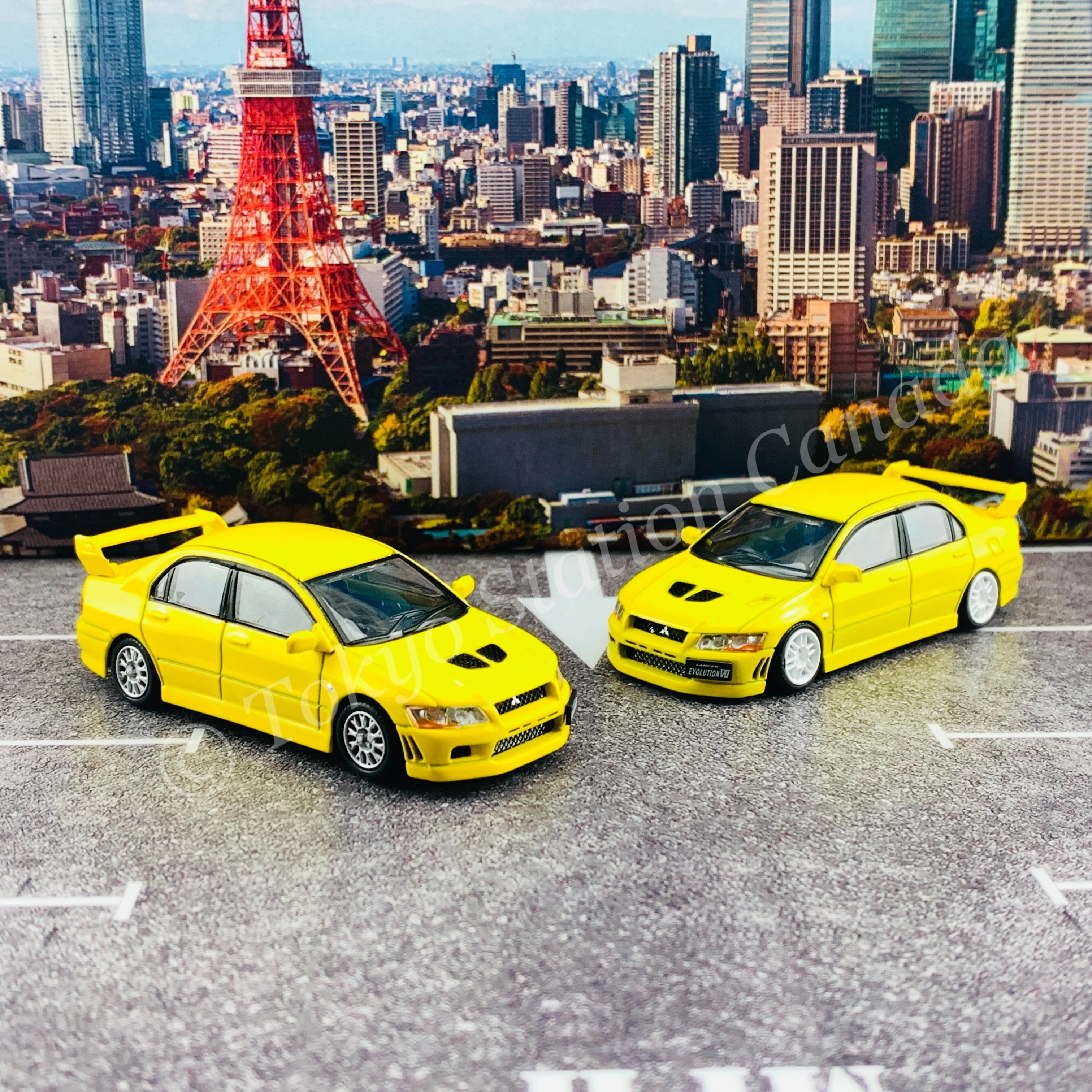 BM CREATIONS JUNIOR 1/64 Mitsubishi Lancer Evolution VII YELLOW RHD with Extra Wheel Set and Lowering Parts 64B0084 - Image 10