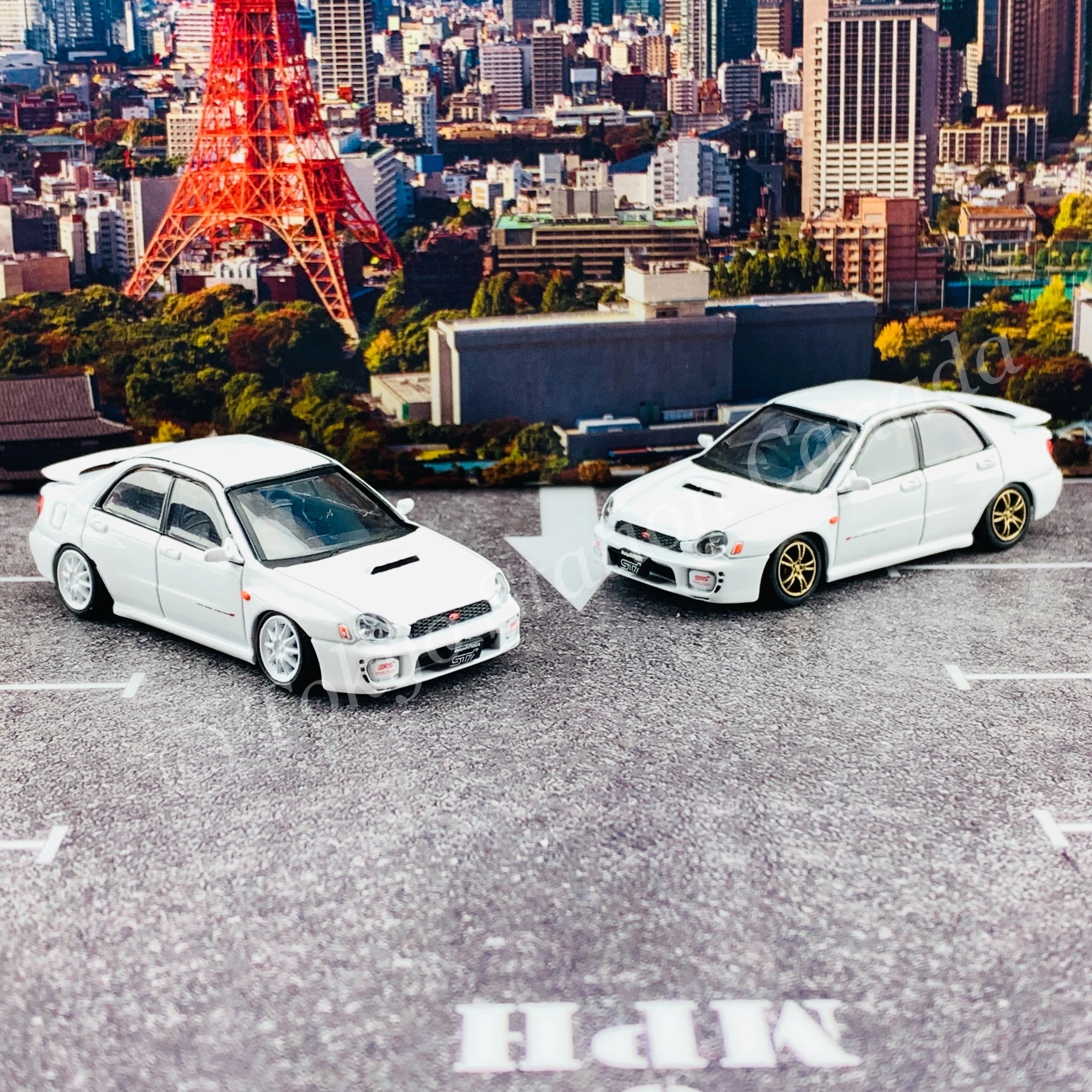 BM CREATIONS JUNIOR 1/64 Subaru Impreza WRX STi 2001 WHITE LHD with Extra Wheel Set and Lowering Parts 64B0083 - Image 8