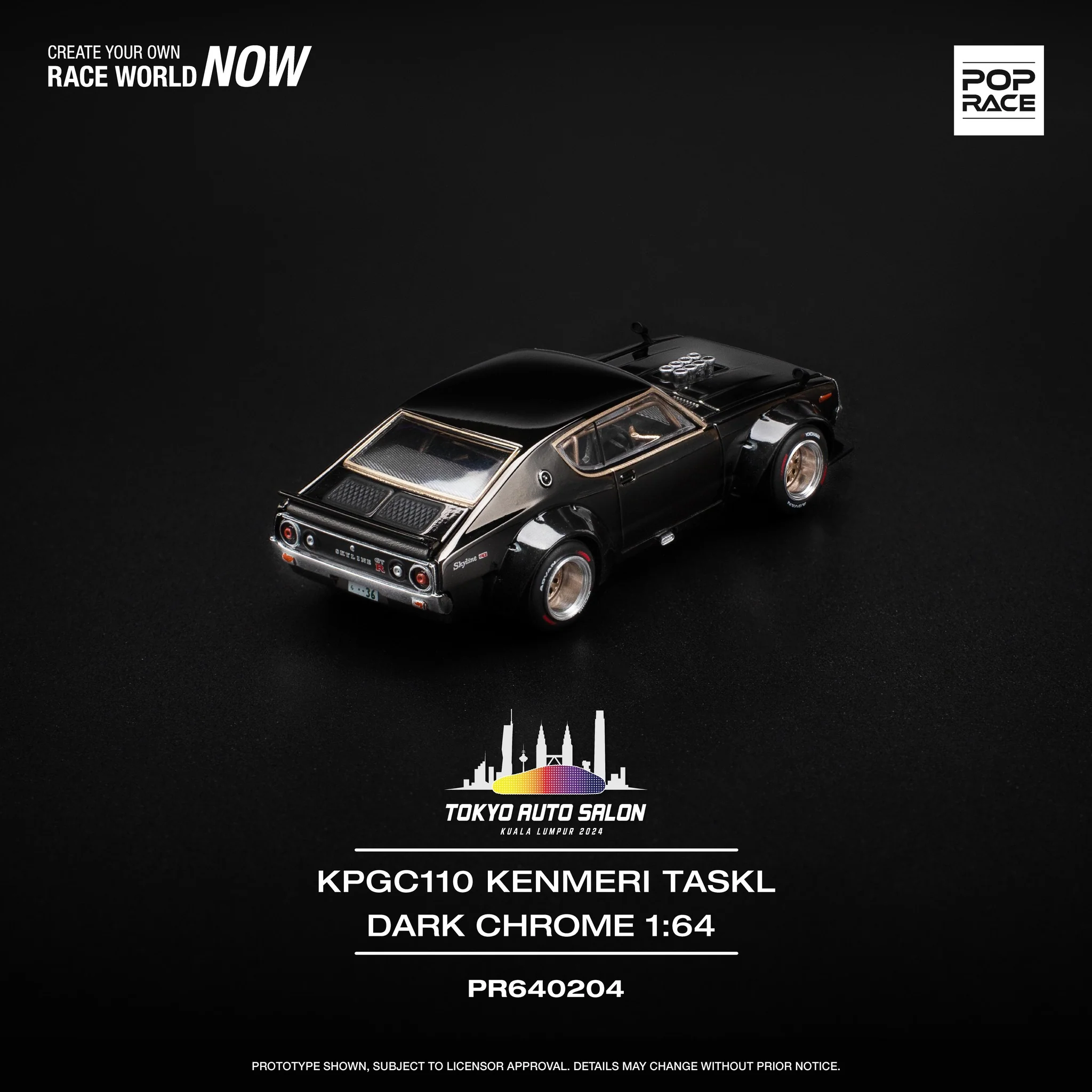 POPRACE 1/64 KPGC110 Kenmeri Dark Chrome TOKYO AUTO SALON KUALA LUMPUR 2024 Exclusive Edition PR640204 - Image 2