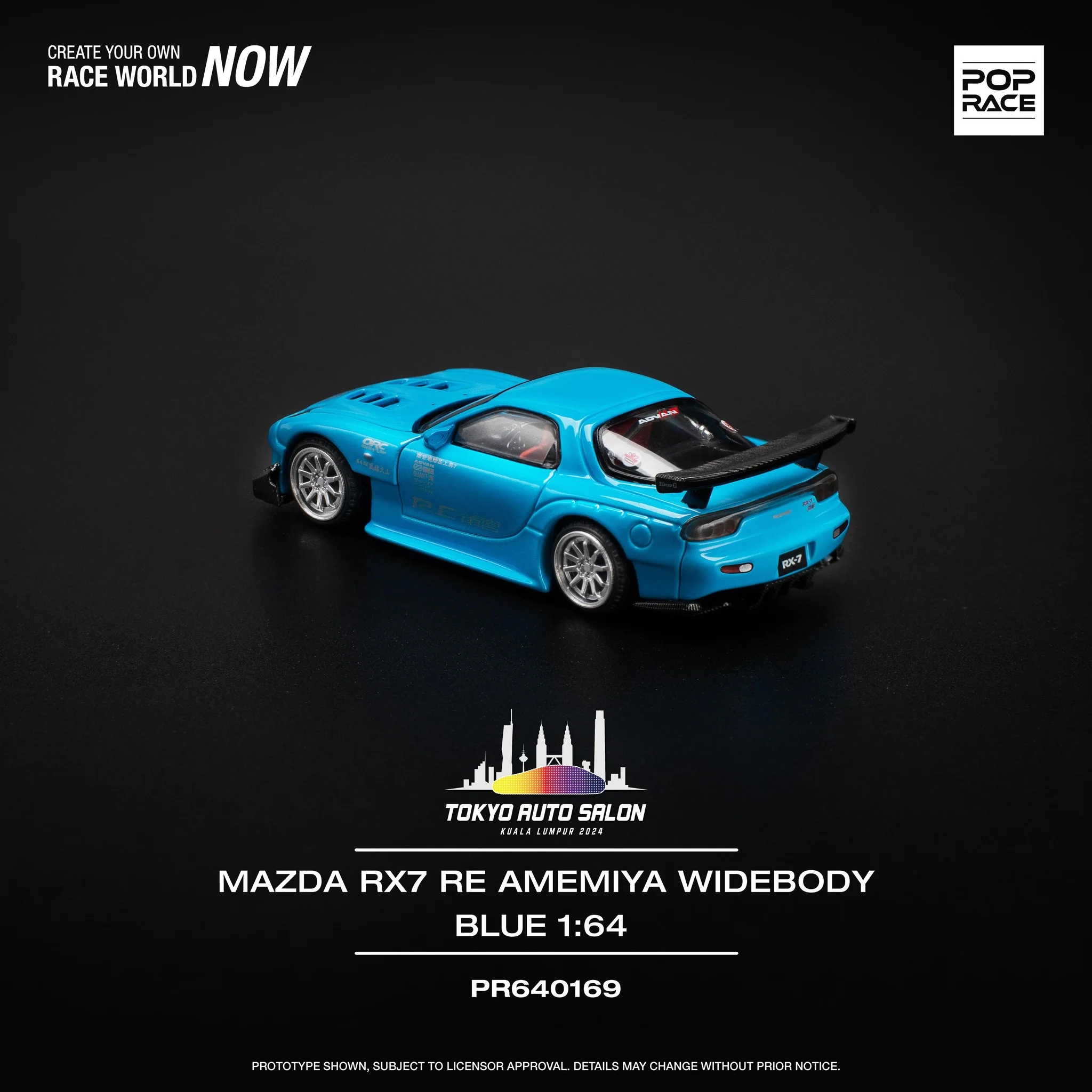POPRACE 1/64 Mazda RX7 RE-Amemiya Widebody Blue TOKYO AUTO SALON KUALA LUMPUR 2024 Exclusive Edition PR640169 - Image 2