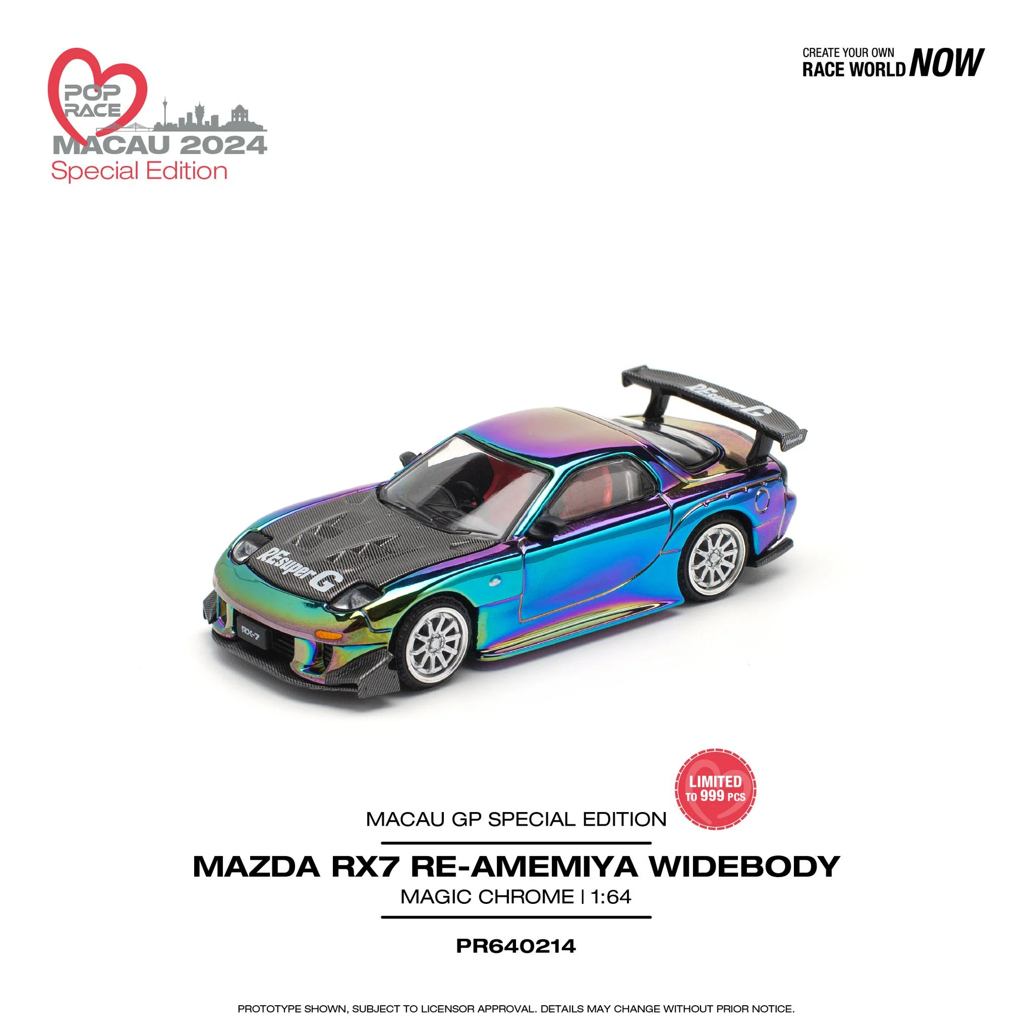 POPRACE 1/64 Mazda RX7 RE-Amemiya Widebody Magic Chrome Macau GP 2024 Exclusive Edition PR640214