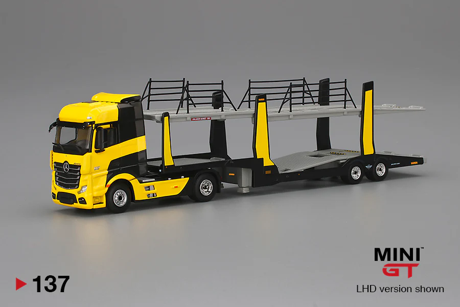 MINI GT 1/64 Mercedes-Benz Actros Yellow w/Car Carrier RHD MGT00137-R - Image 2