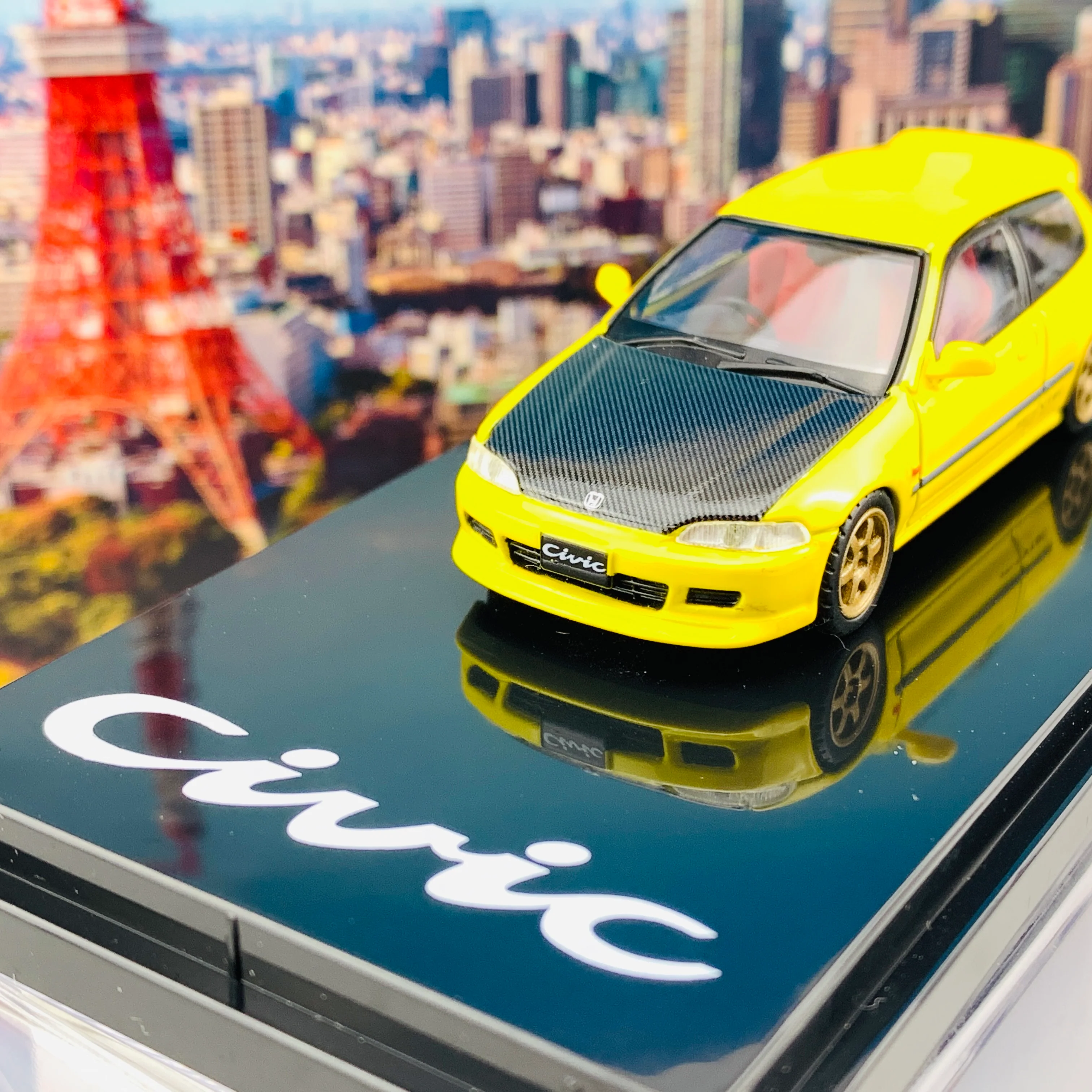 HOBBY JAPAN 1/64 Honda Civic EG6 Customized Version Carbon Bonnet YELLOW HJ641017CBY - Image 3