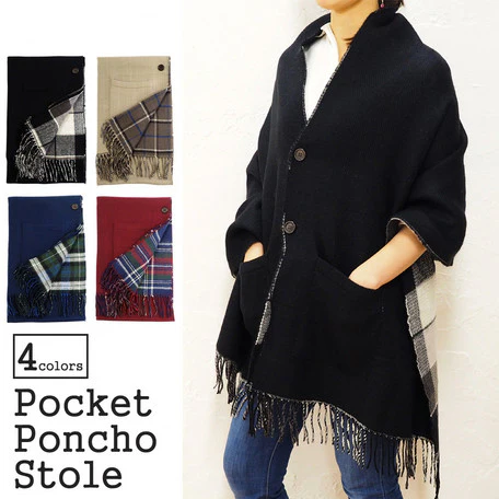 Lune Jumelle Checker Pocket Poncho Stole Navy LM726610-31 - Image 2