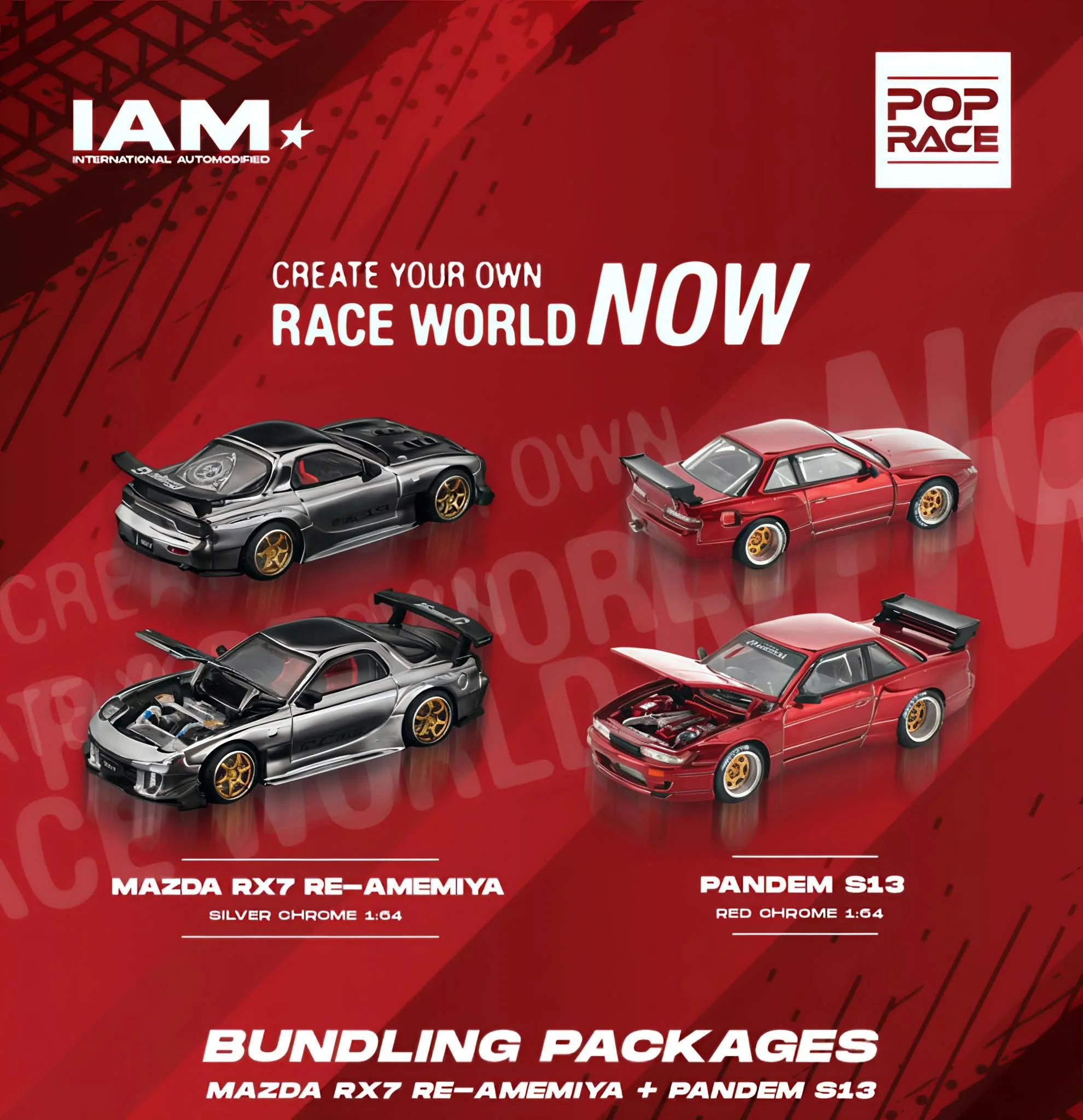 POPRACE 1/64 IAM SURABAYA Event Model Set of 2 (Mazda RX7 RE-AMEMIYA Silver Chrome & PANDEM S13 Red Chrome) - Image 5