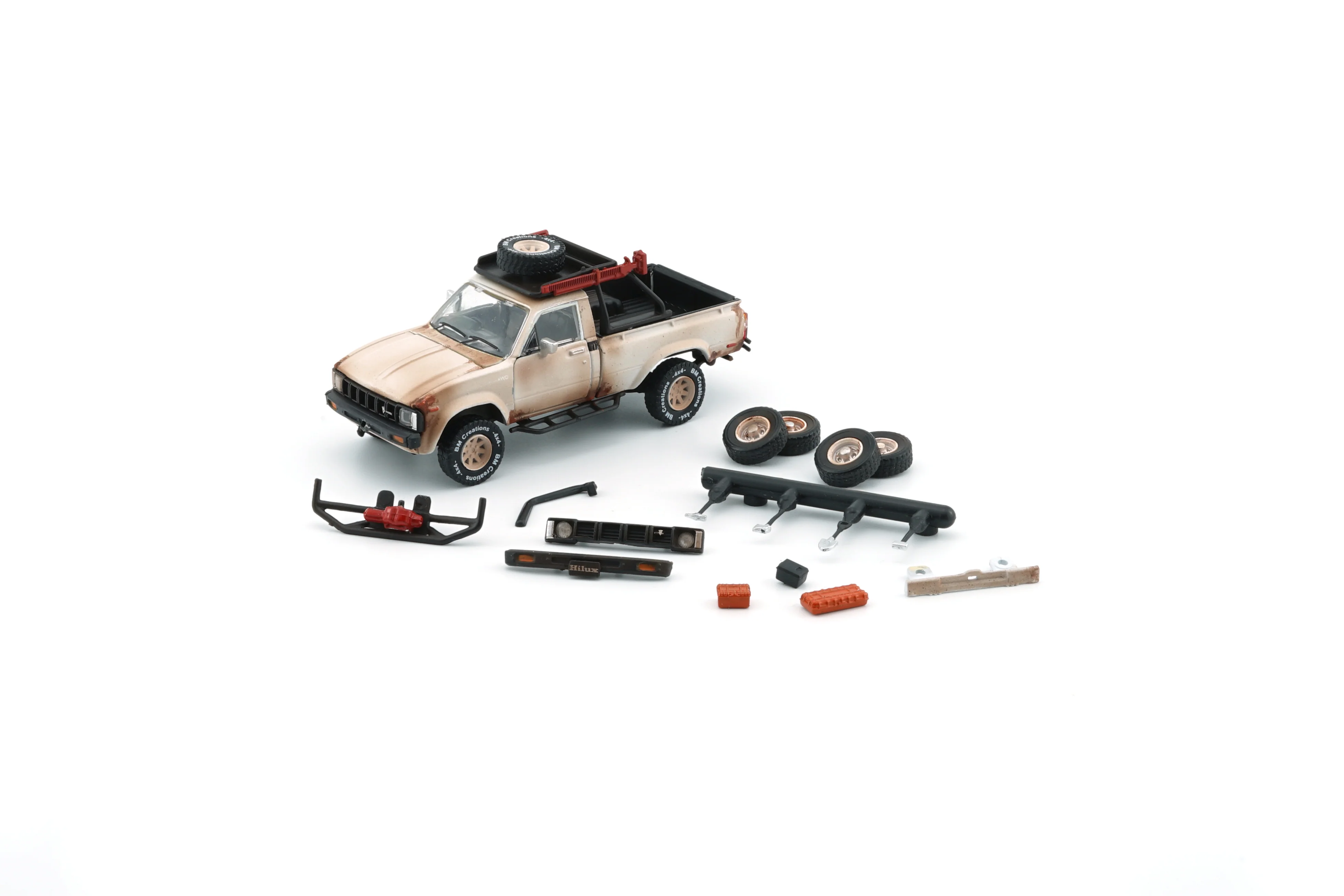 BM Creations 1/64 Toyota 1980 Hilux N60, N70 Matte Rusting White w/Accessories LHD 64B0359 - Image 3