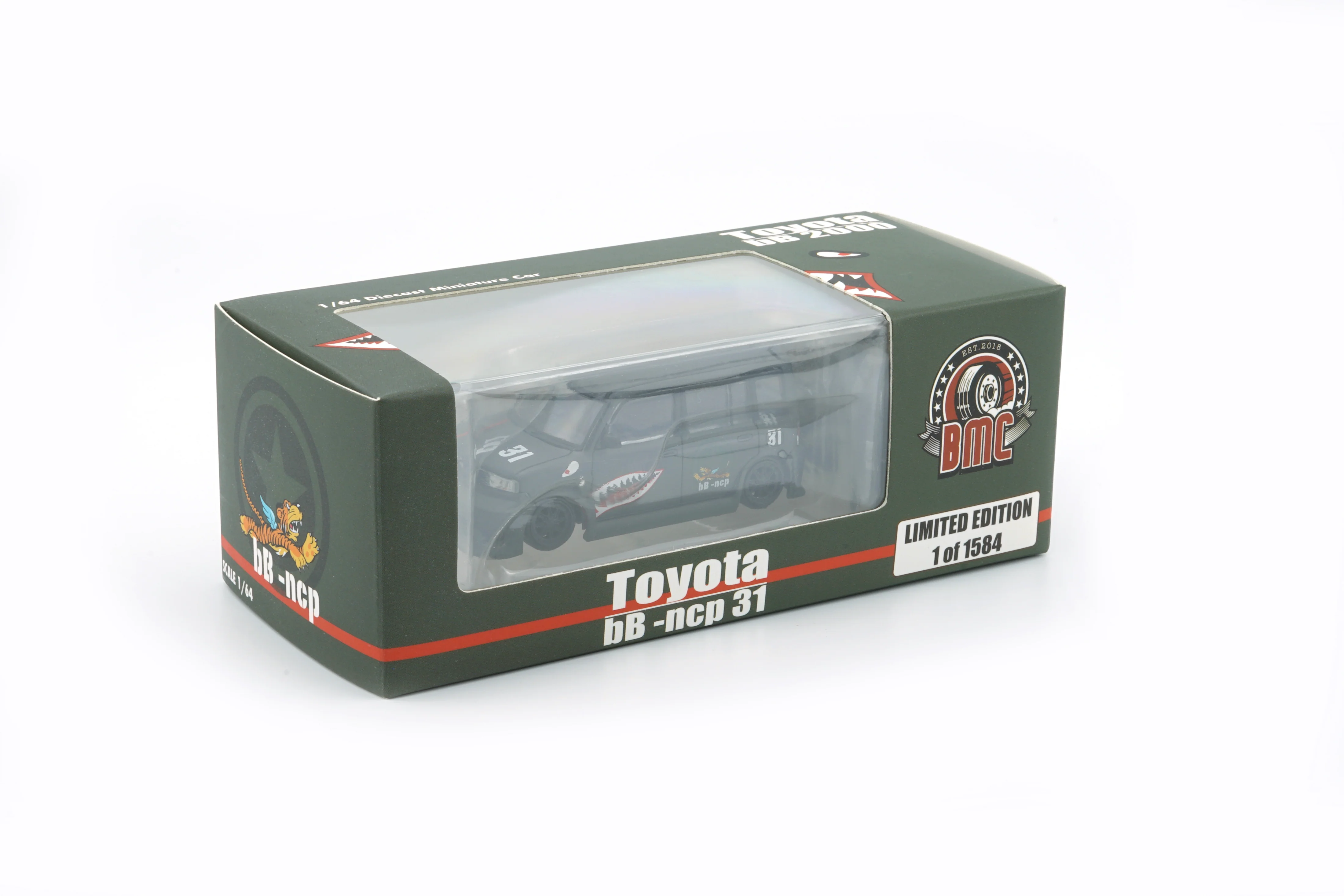 BM Creations 1/64 Toyota 2000 bB - Matte Green + P40 Tiger Pattern RHD Limited Edition 64B0382 - Image 4