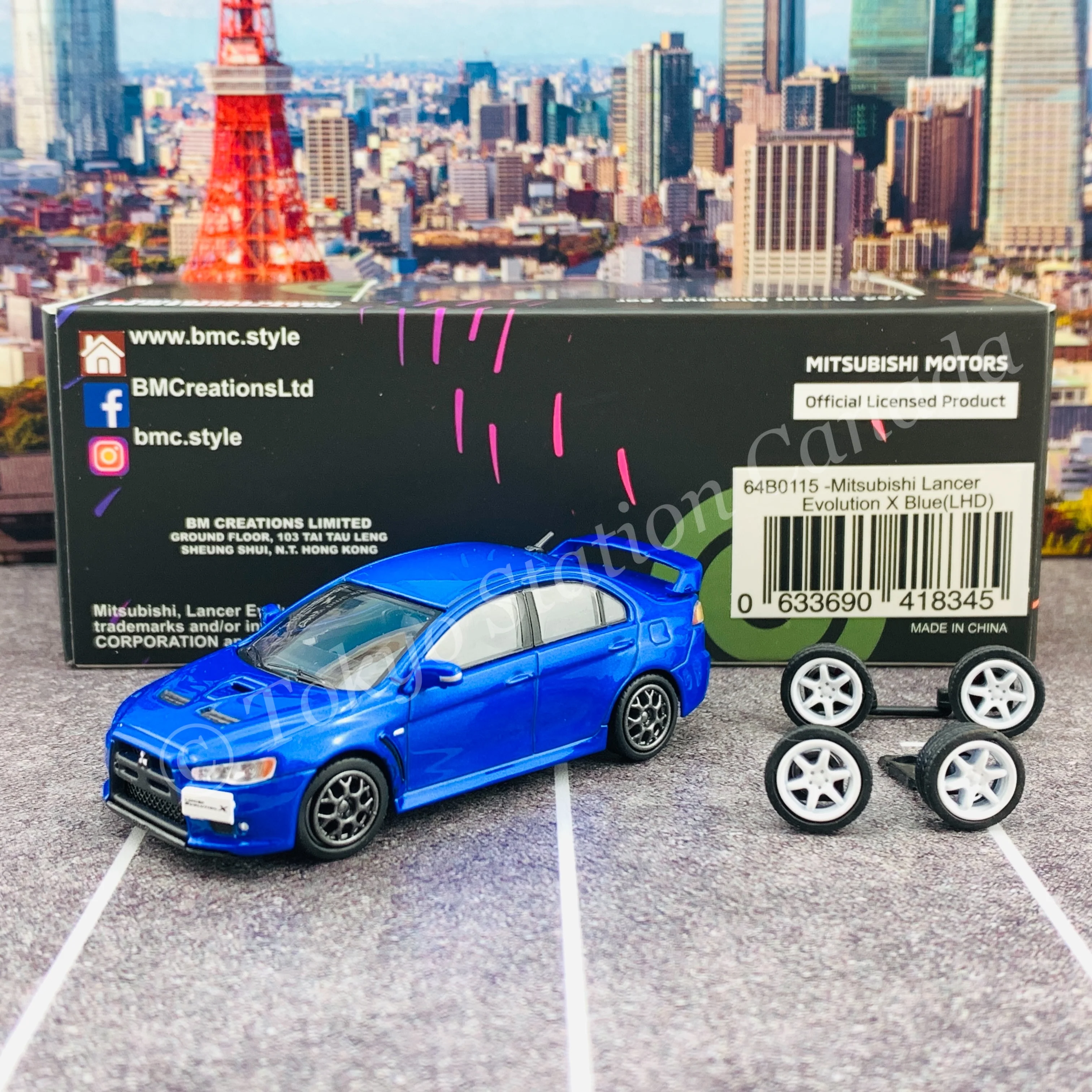 BM CREATIONS JUNIOR 1/64 Mitsubishi Lancer EVO X BLUE LHD with Extra Wheels and Lowering Parts 64B0115