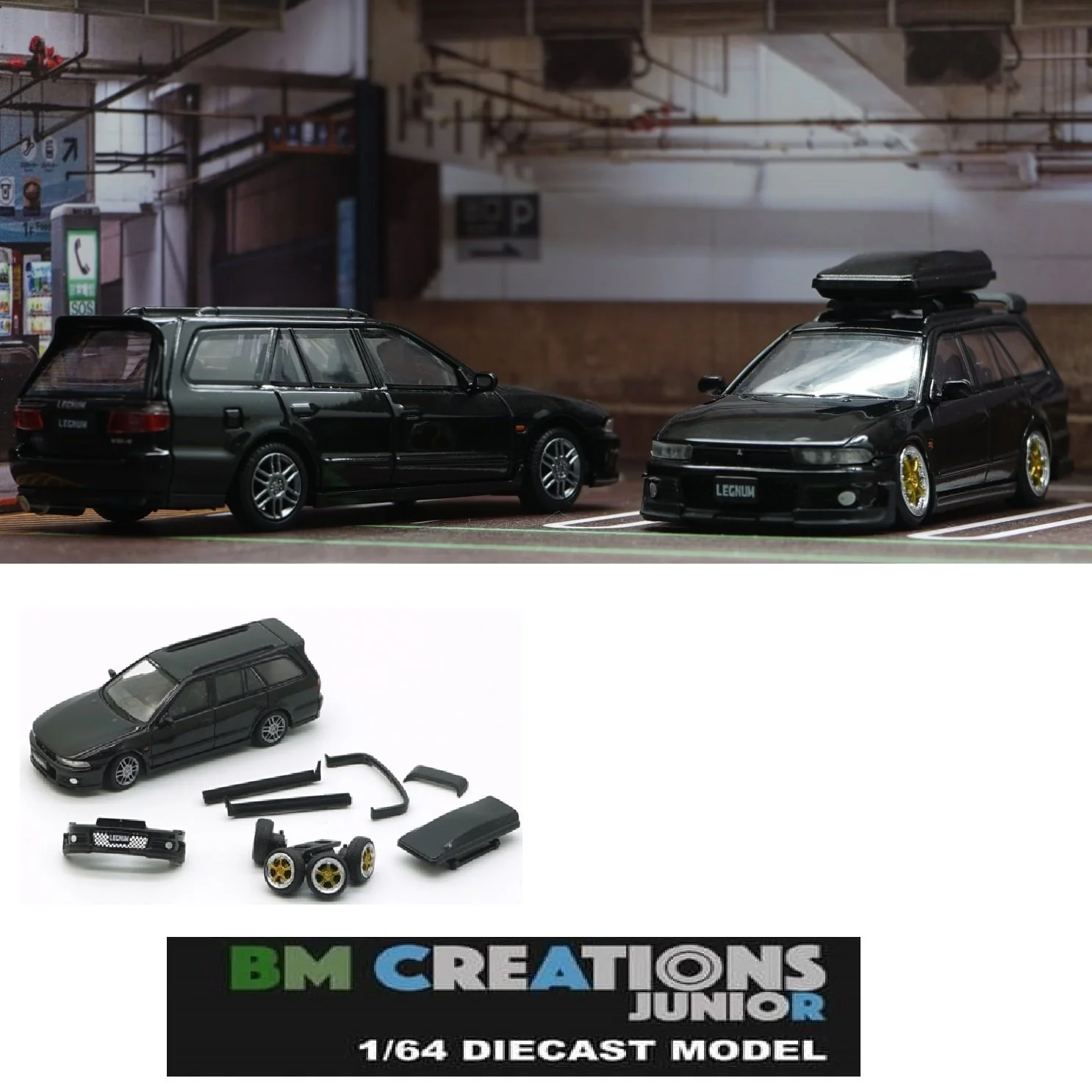 BM Creations JUNIOR 1/64 Mitsubishi Legnum VR4 BLACK RHD with Extra Wheels, Lowering Parts 64B0156 - Image 2