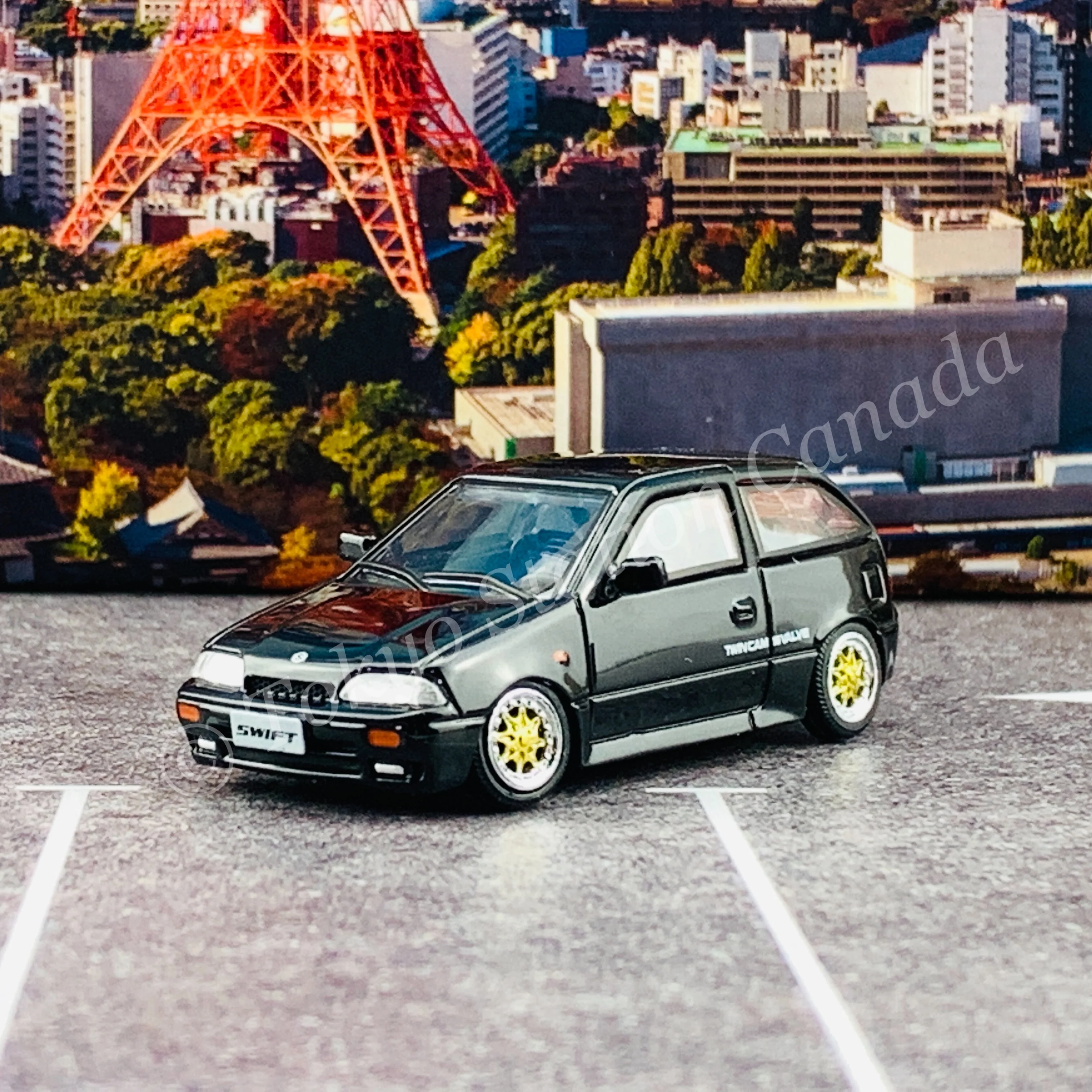BM CREATIONS JUNIOR 1/64 Suzuki Swift 1989 BLACK LHD with Extra Wheels, Lowering Parts 64B0030 - Image 5