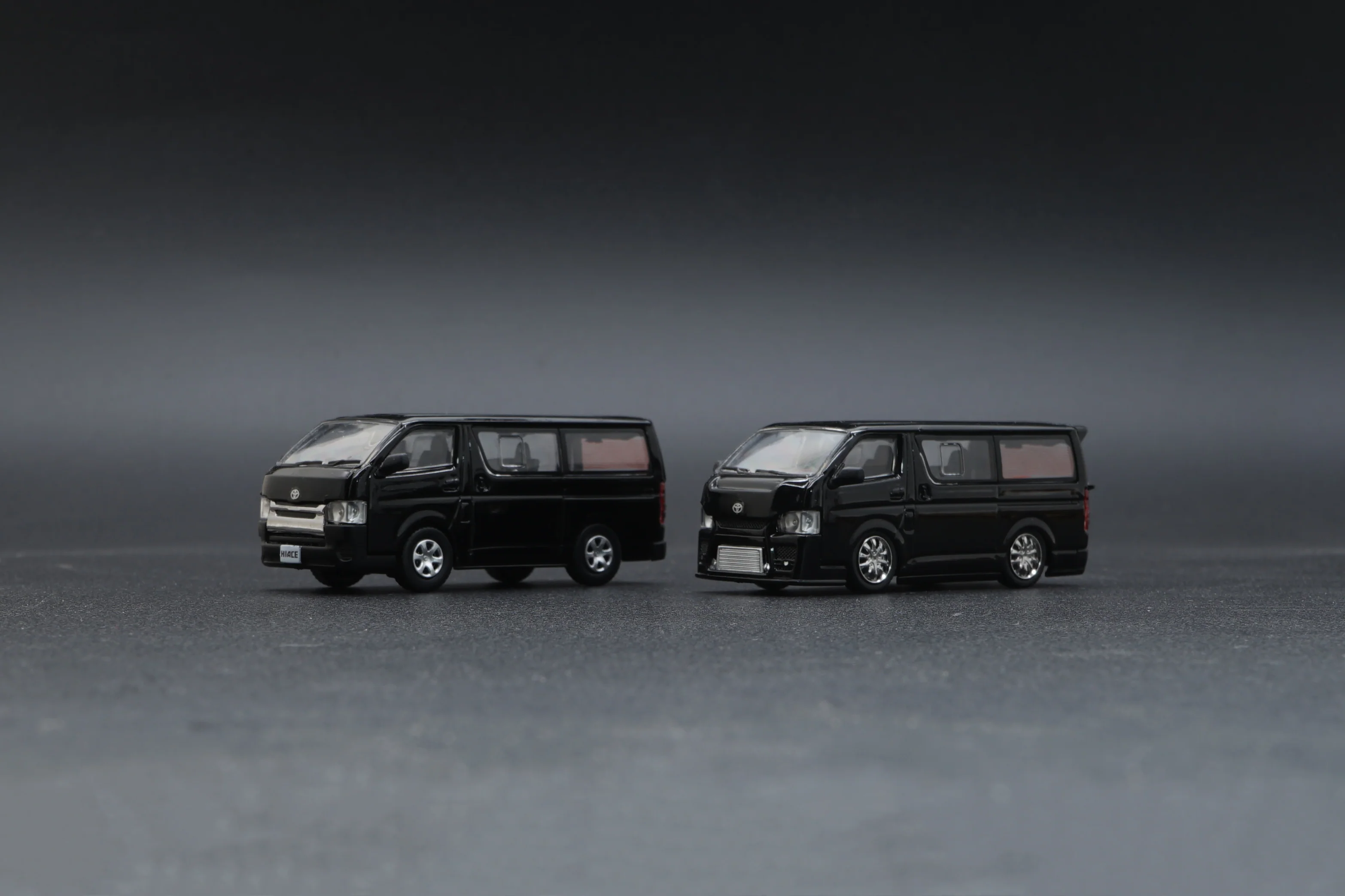 BM CREATIONS JUNIOR 1/64 Toyota 2016 Hiace BLACK RHD with Extra Wheels, Lowering Parts and Body Kit 64B0144 - Image 2