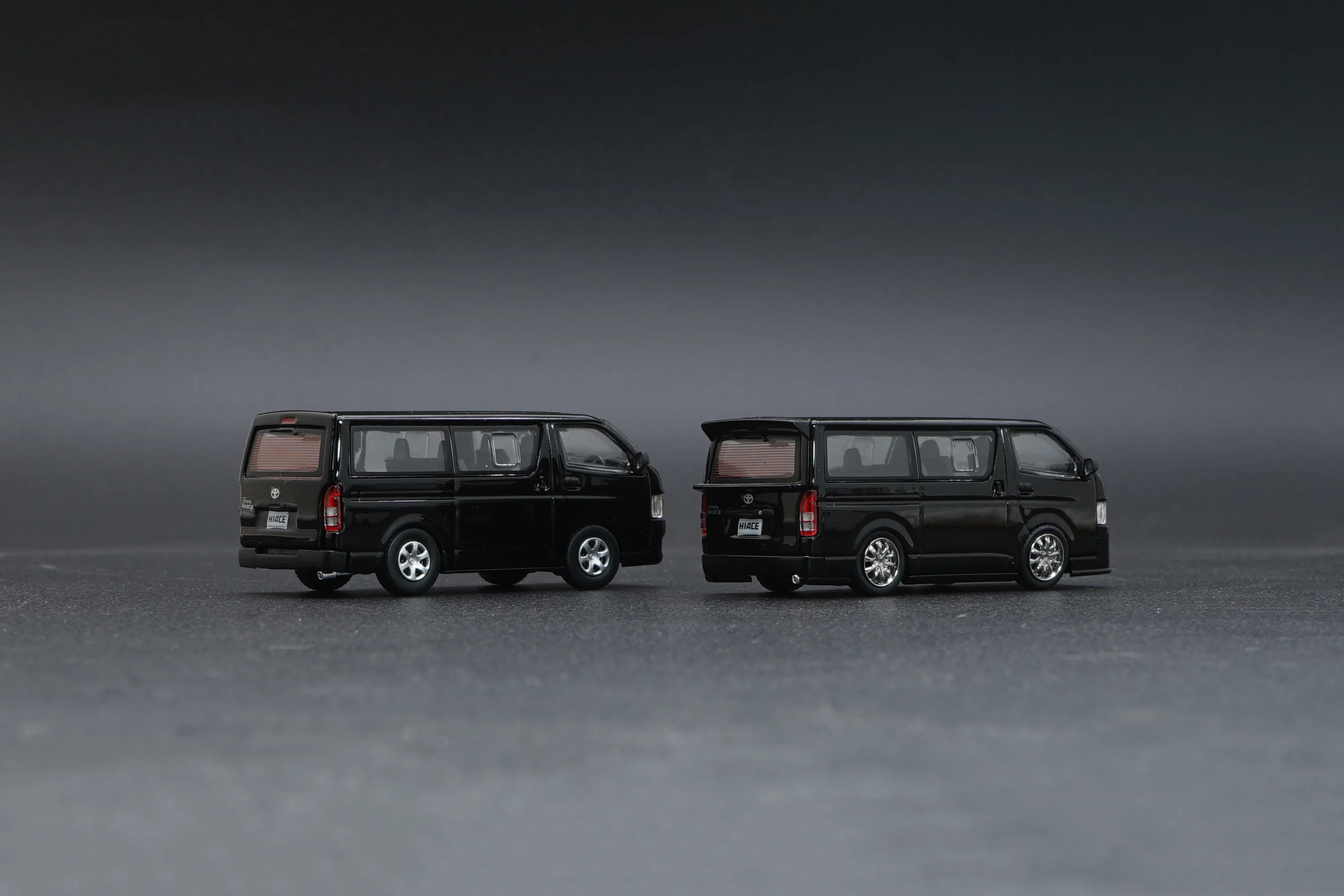BM CREATIONS JUNIOR 1/64 Toyota 2016 Hiace BLACK RHD with Extra Wheels, Lowering Parts and Body Kit 64B0144 - Image 3