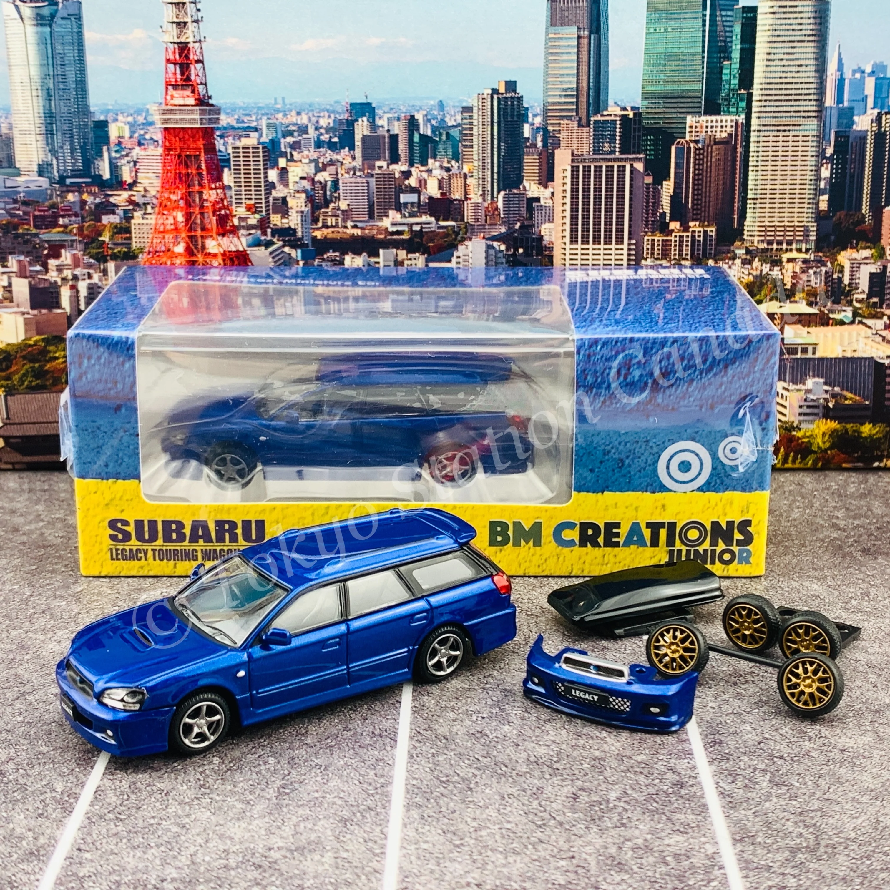 BM Creations JUNIOR 1/64 Subaru 2002 Legacy E-tune II BLUE RHD with Extra Wheels, Lowering Parts 64B0150