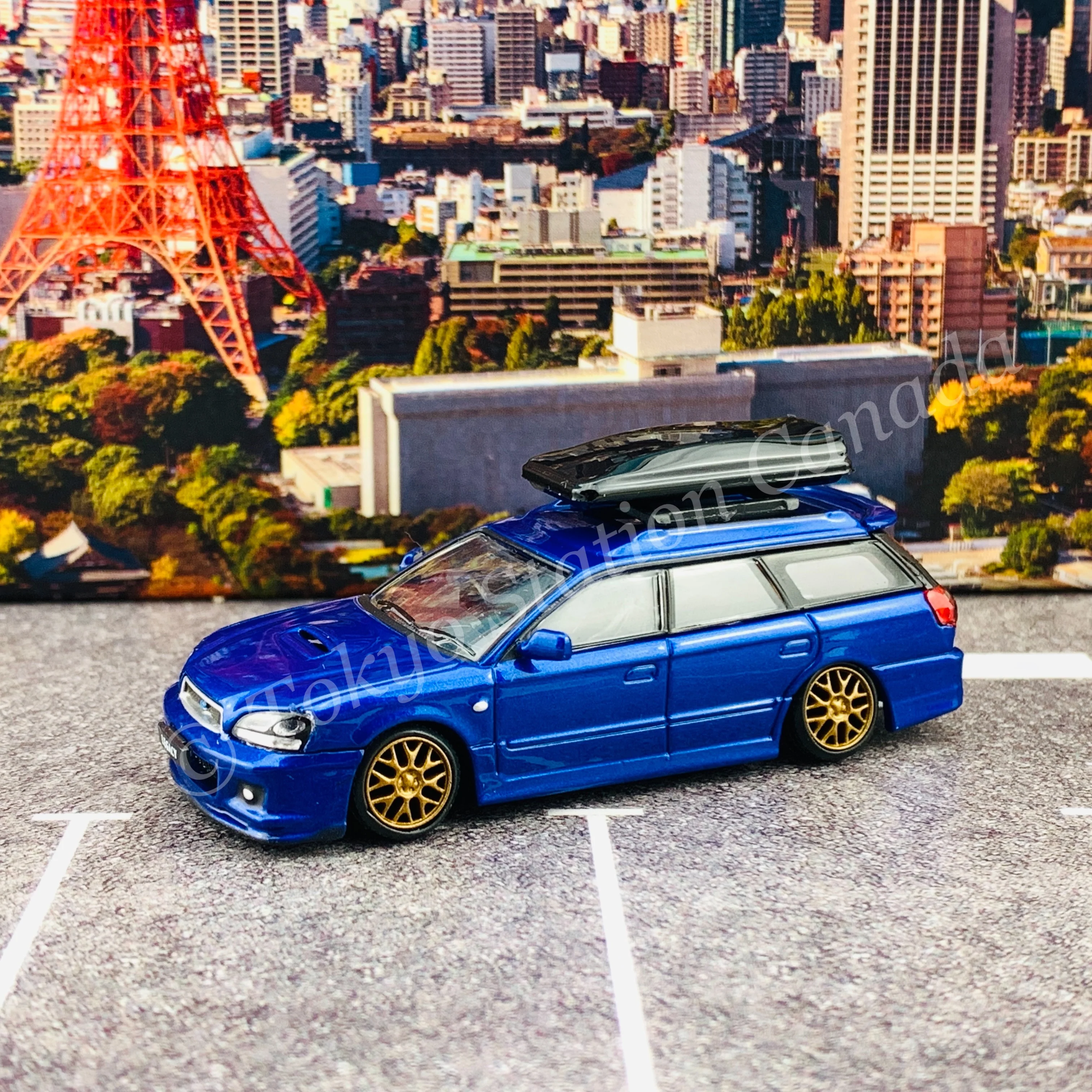 BM Creations JUNIOR 1/64 Subaru 2002 Legacy E-tune II BLUE RHD with Extra Wheels, Lowering Parts 64B0150 - Image 5