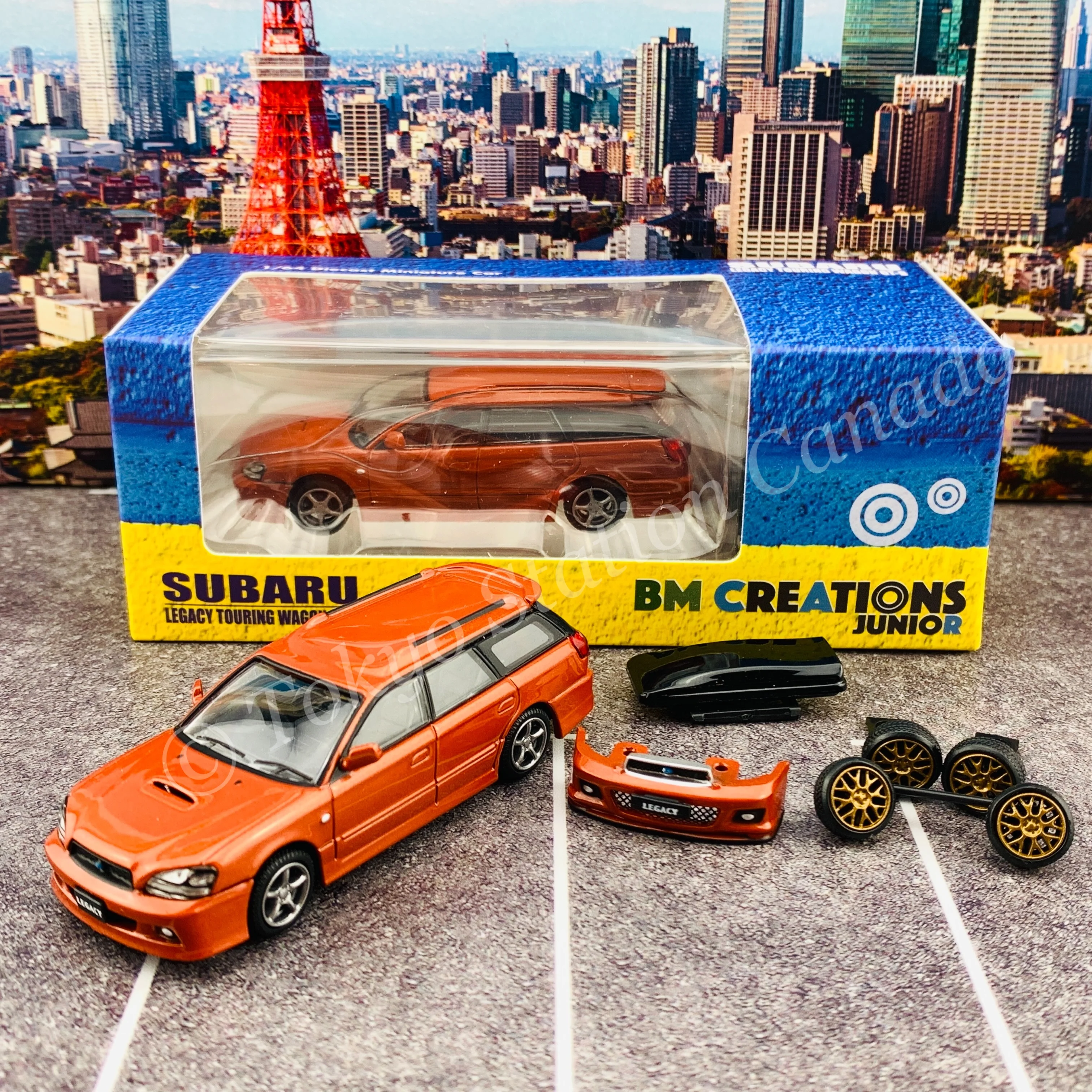 BM Creations JUNIOR 1/64Subaru 2002 Legacy E-tune II ORANGE RHD with Extra Wheels, Lowering Parts 64B0152 - Image 4