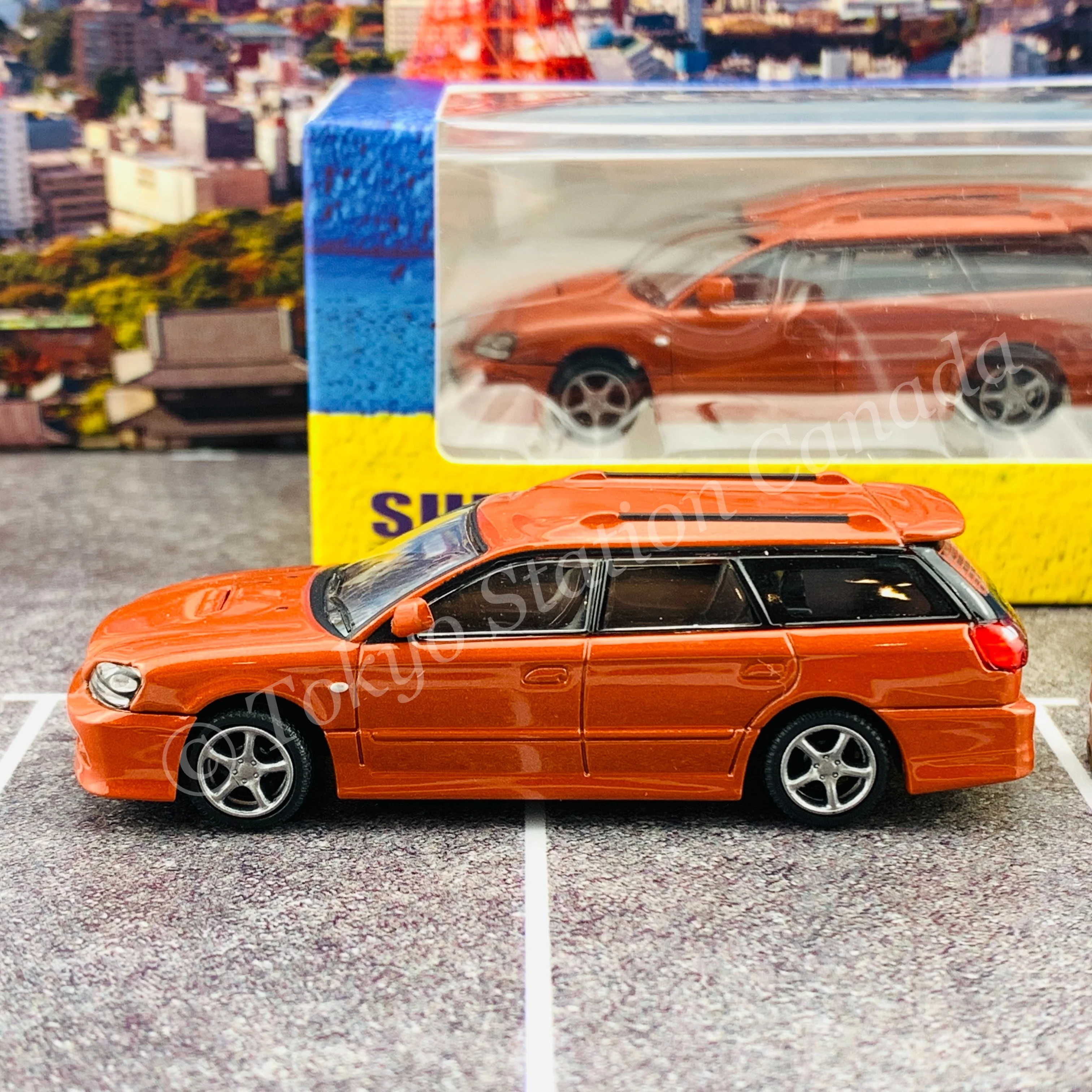 BM Creations JUNIOR 1/64Subaru 2002 Legacy E-tune II ORANGE RHD with Extra Wheels, Lowering Parts 64B0152 - Image 6