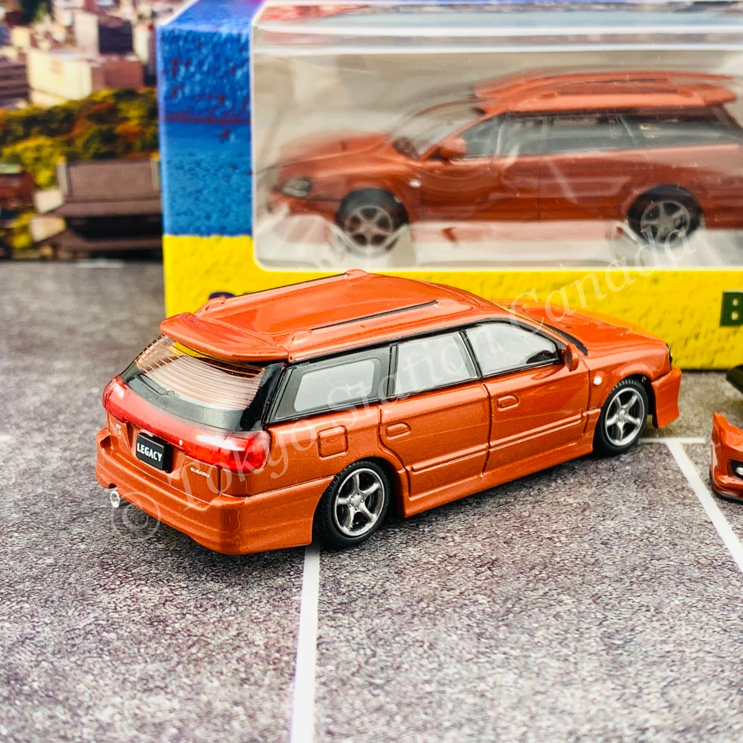 BM Creations JUNIOR 1/64Subaru 2002 Legacy E-tune II ORANGE RHD with Extra Wheels, Lowering Parts 64B0152 - Image 7