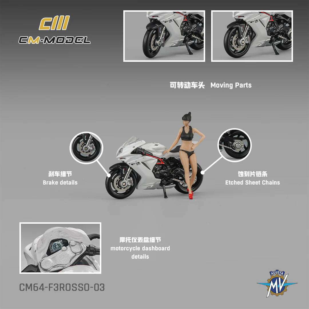 PREORDER CM MODEL 1/64 MV Agusta F3 Rosso White with show girl CM64-F3Rosso-03 (Approx. Release Date : Q2 2026 subject to manufacturer's final decision)