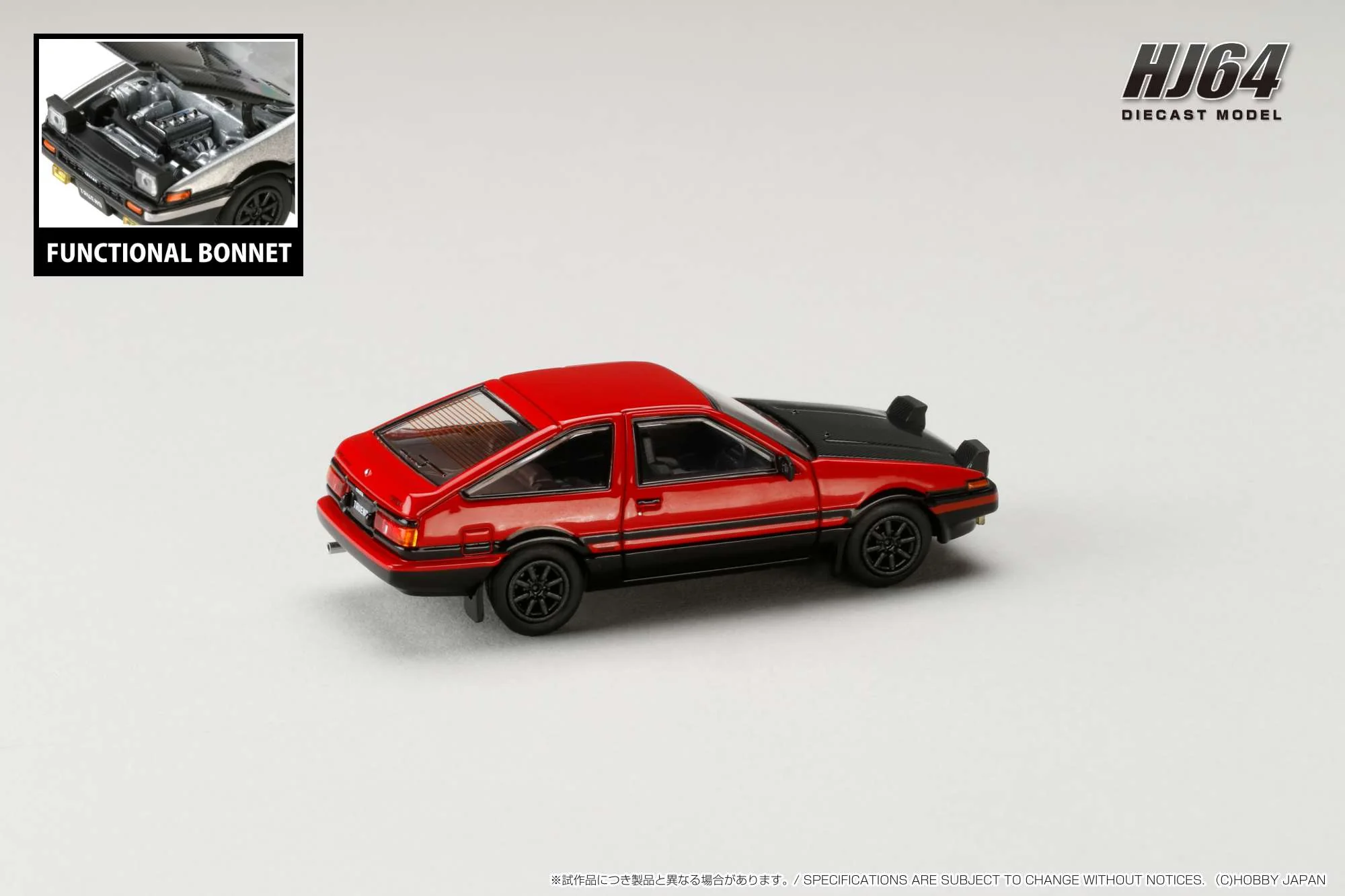 HOBBY JAPAN 1/64 Toyota SPRINTER TRUENO GT APEX (AE86) JDM Style with CARBON BONNET Red/Black HJ641052BRB - Image 2