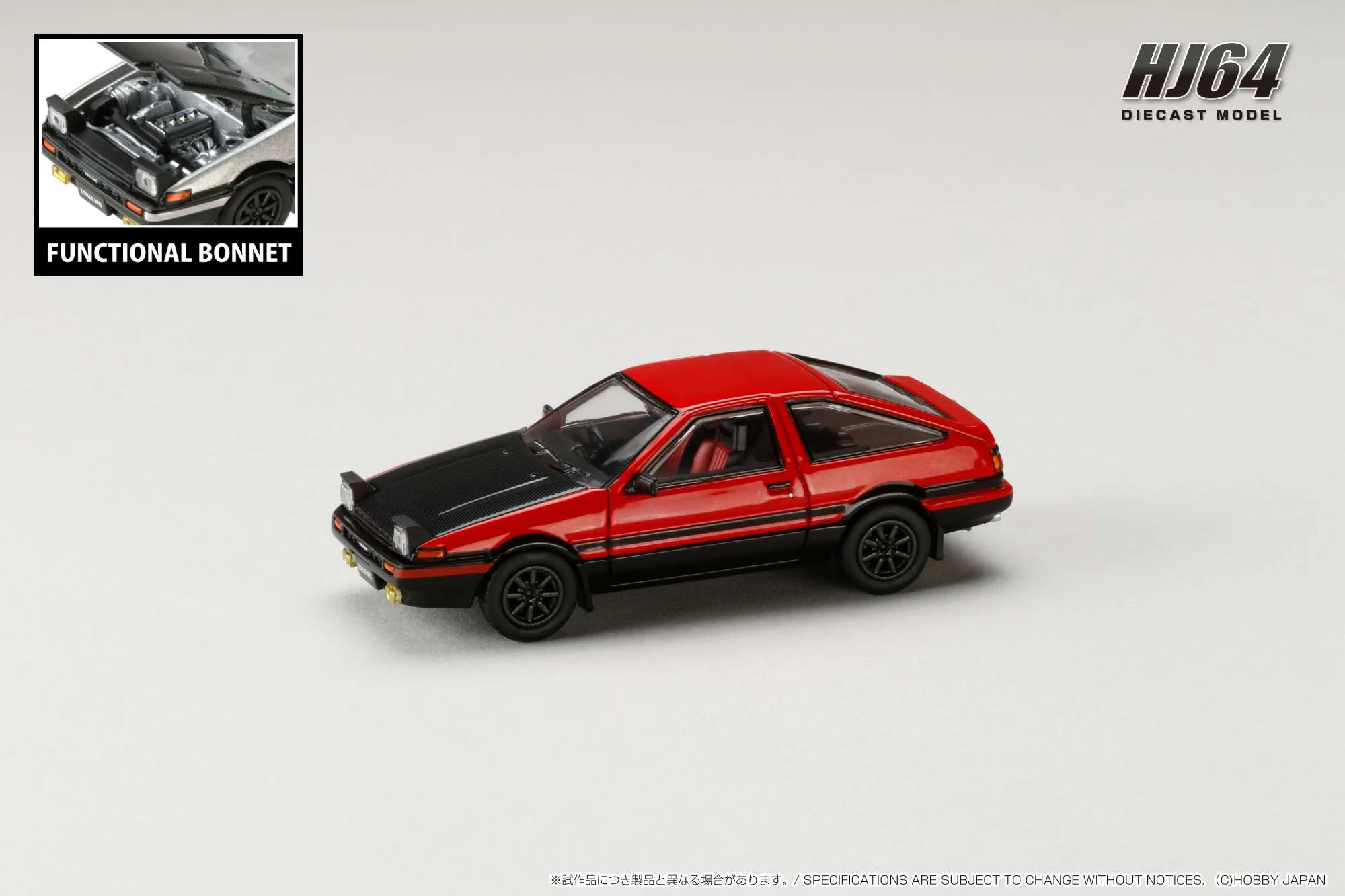HOBBY JAPAN 1/64 Toyota SPRINTER TRUENO GT APEX (AE86) JDM Style with CARBON BONNET Red/Black HJ641052BRB - Image 3
