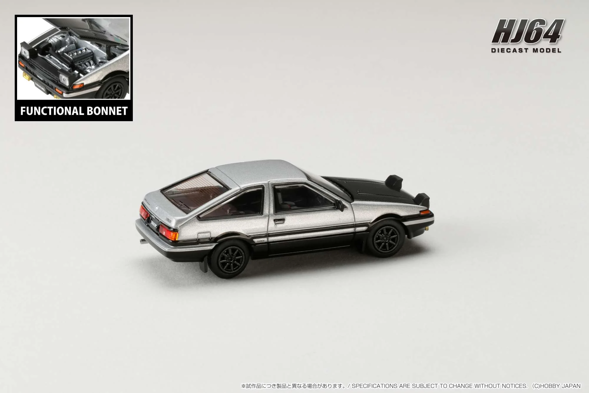 HOBBY JAPAN 1/64 Toyota SPRINTER TRUENO GT APEX (AE86) JDM Style with CARBON BONNET Silver/Black HJ641052BSB - Image 2