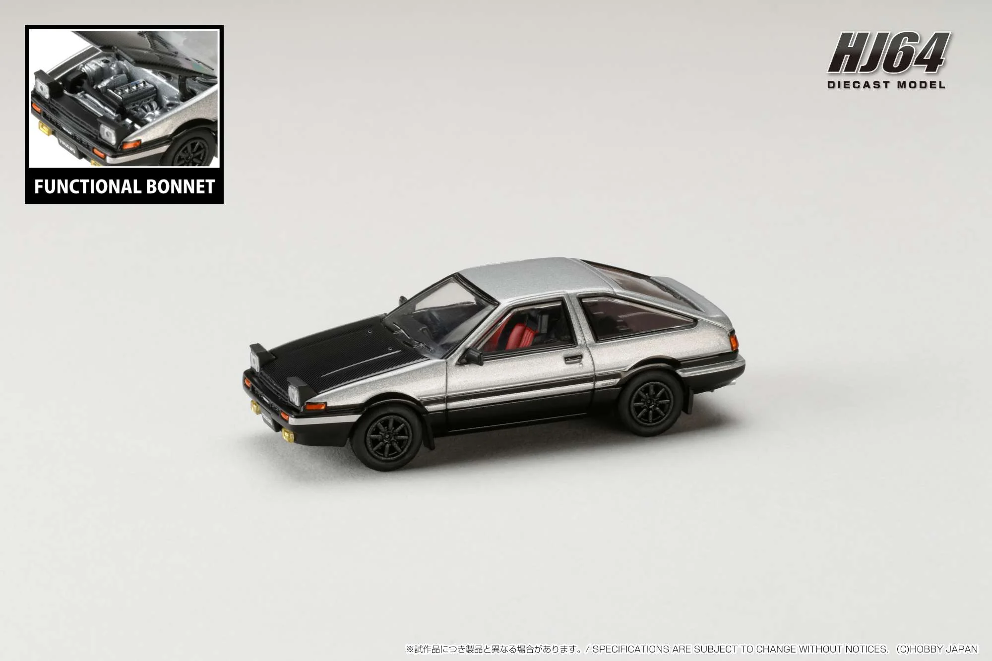 HOBBY JAPAN 1/64 Toyota SPRINTER TRUENO GT APEX (AE86) JDM Style with CARBON BONNET Silver/Black HJ641052BSB - Image 3