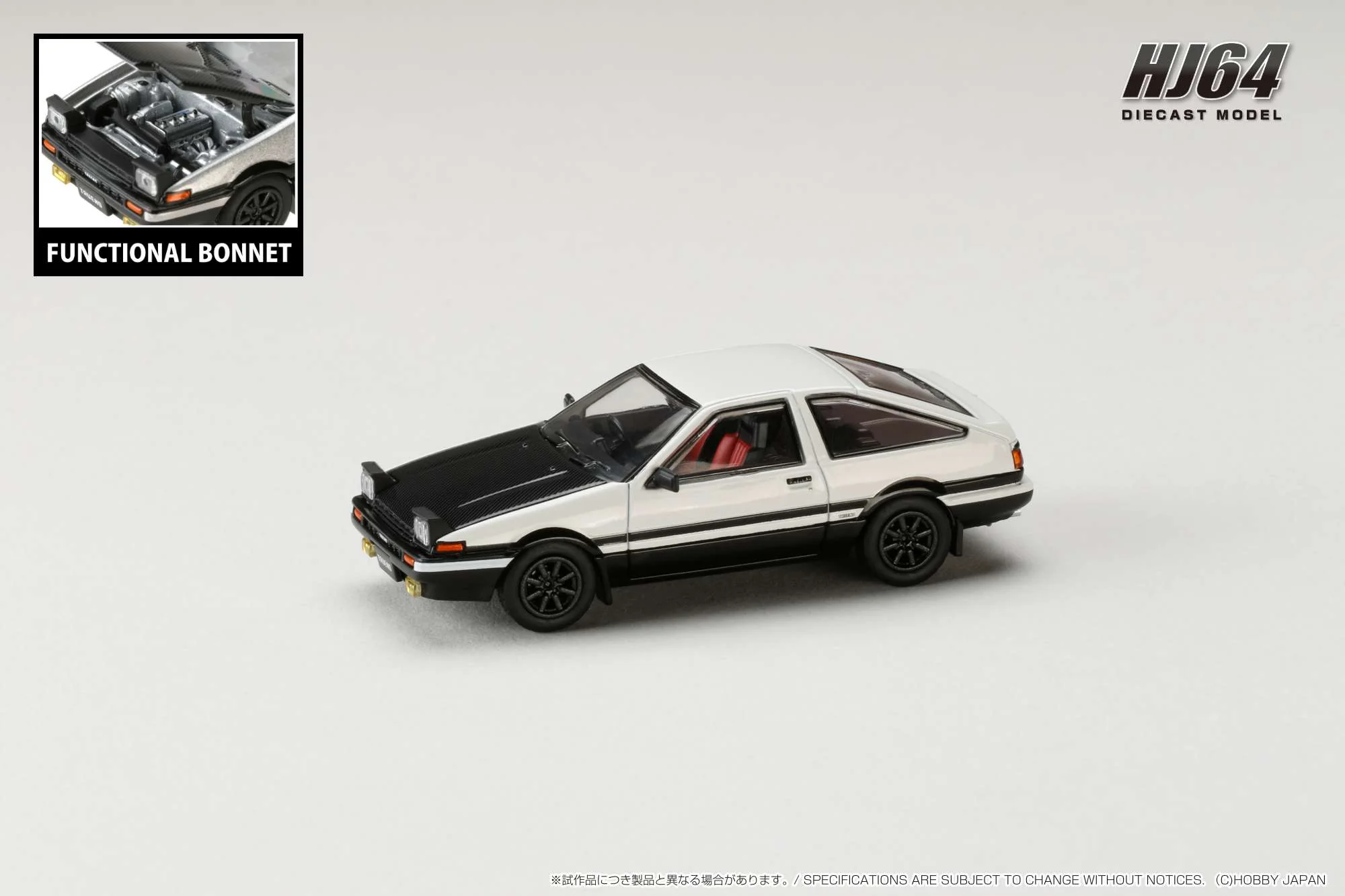 HOBBY JAPAN 1/64 Toyota SPRINTER TRUENO GT APEX (AE86) JDM Style with CARBON BONNET White/Black HJ641052BWB - Image 2