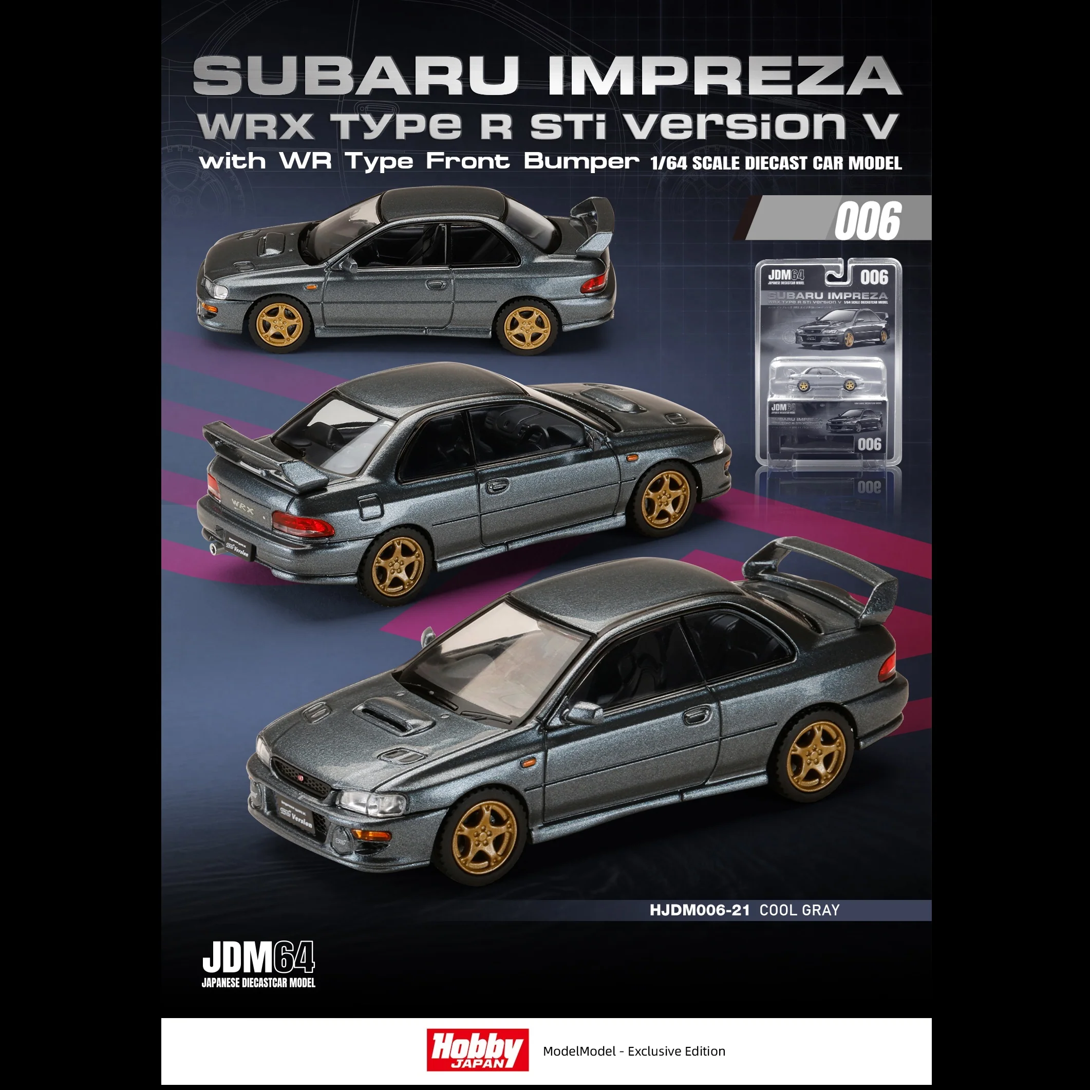 PREORDER HOBBY JAPAN JDM64 1/64 Subaru Impreza WRX type R Sti Version with WR Type Front Bumper - COOL GREY HJDM006-21 (Approx. Release Date : Q2 2026 subjects to the manufacturer's final decision)