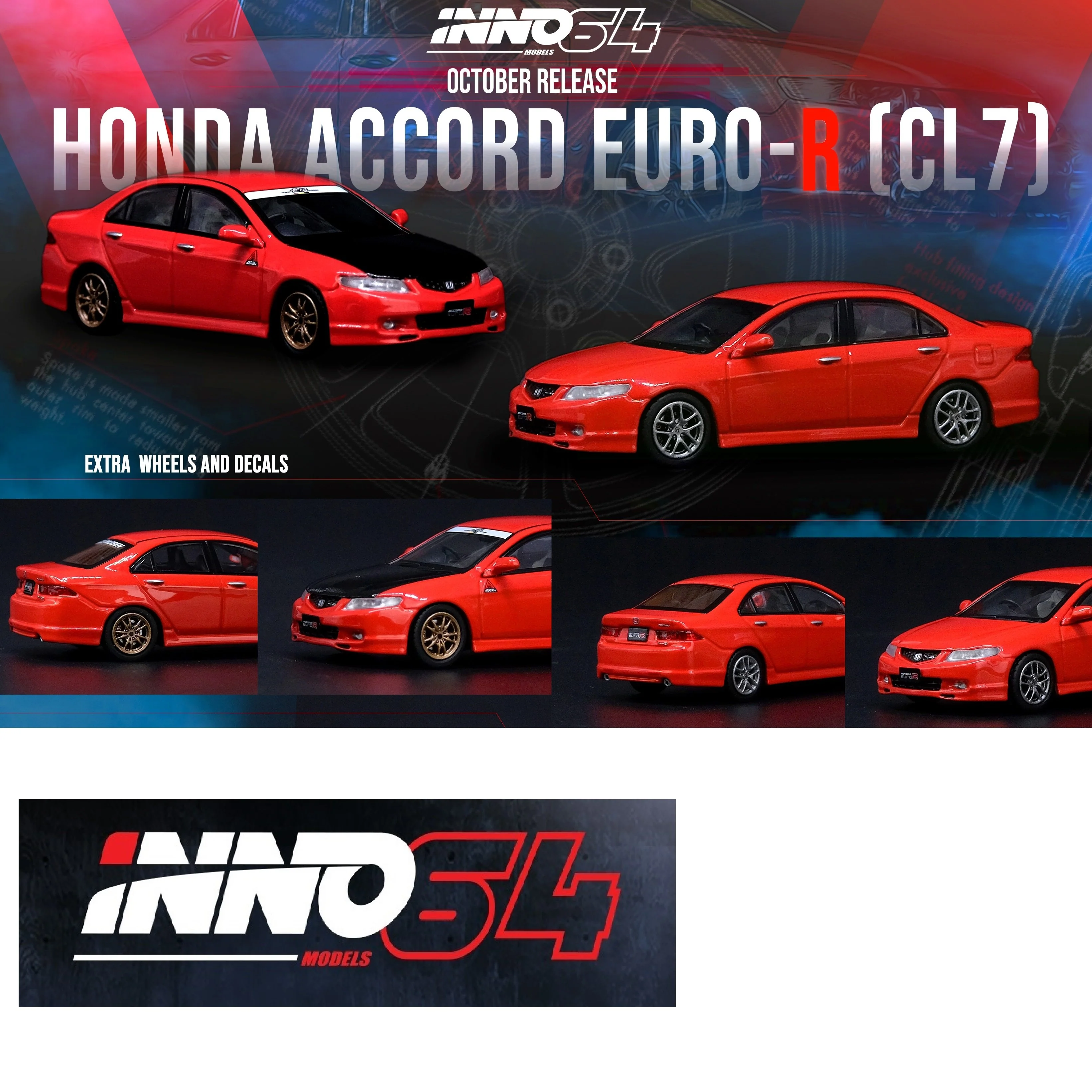 INNO64 1/64 HONDA ACCORD Euro-R CL7 Milano Red With extra wheels and Decals IN64-CL7-RED - Image 9