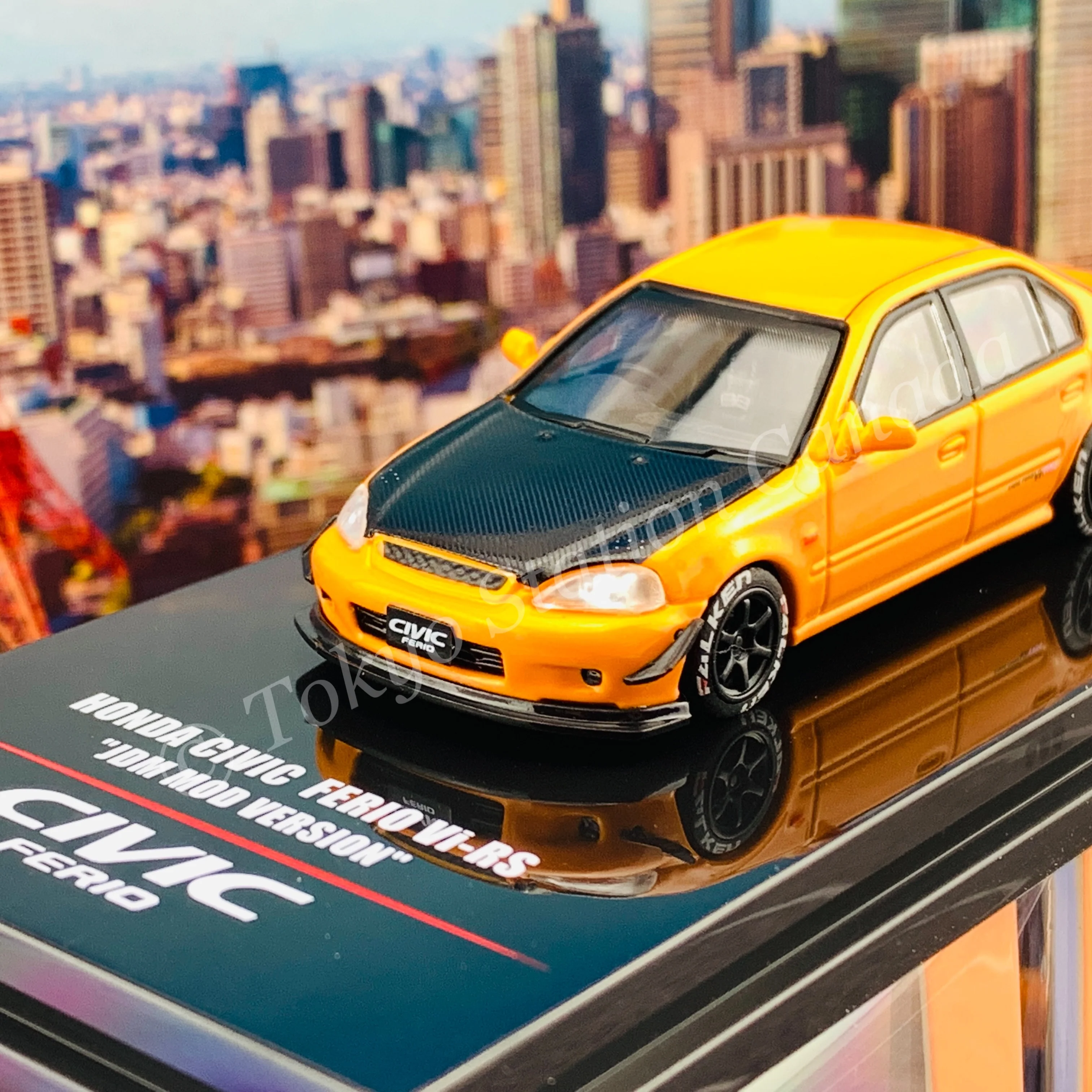 INNO64 1/64 HONDA CIVIC FERIO Vi-RS "JDM MOD VERSION" Metallic Orange With extra wheels and extra decals IN64-EKS-ORG - Image 2
