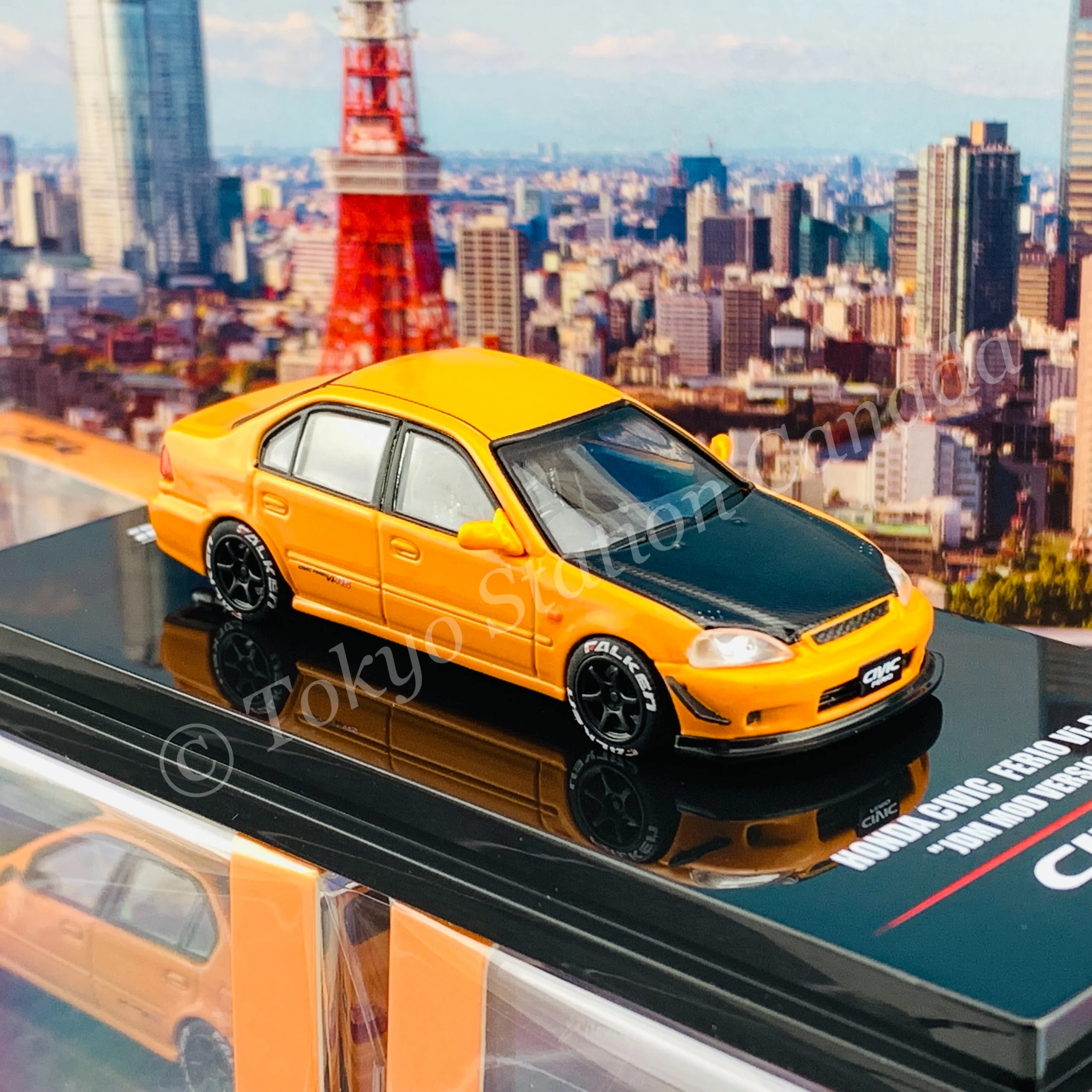 INNO64 1/64 HONDA CIVIC FERIO Vi-RS "JDM MOD VERSION" Metallic Orange With extra wheels and extra decals IN64-EKS-ORG - Image 4