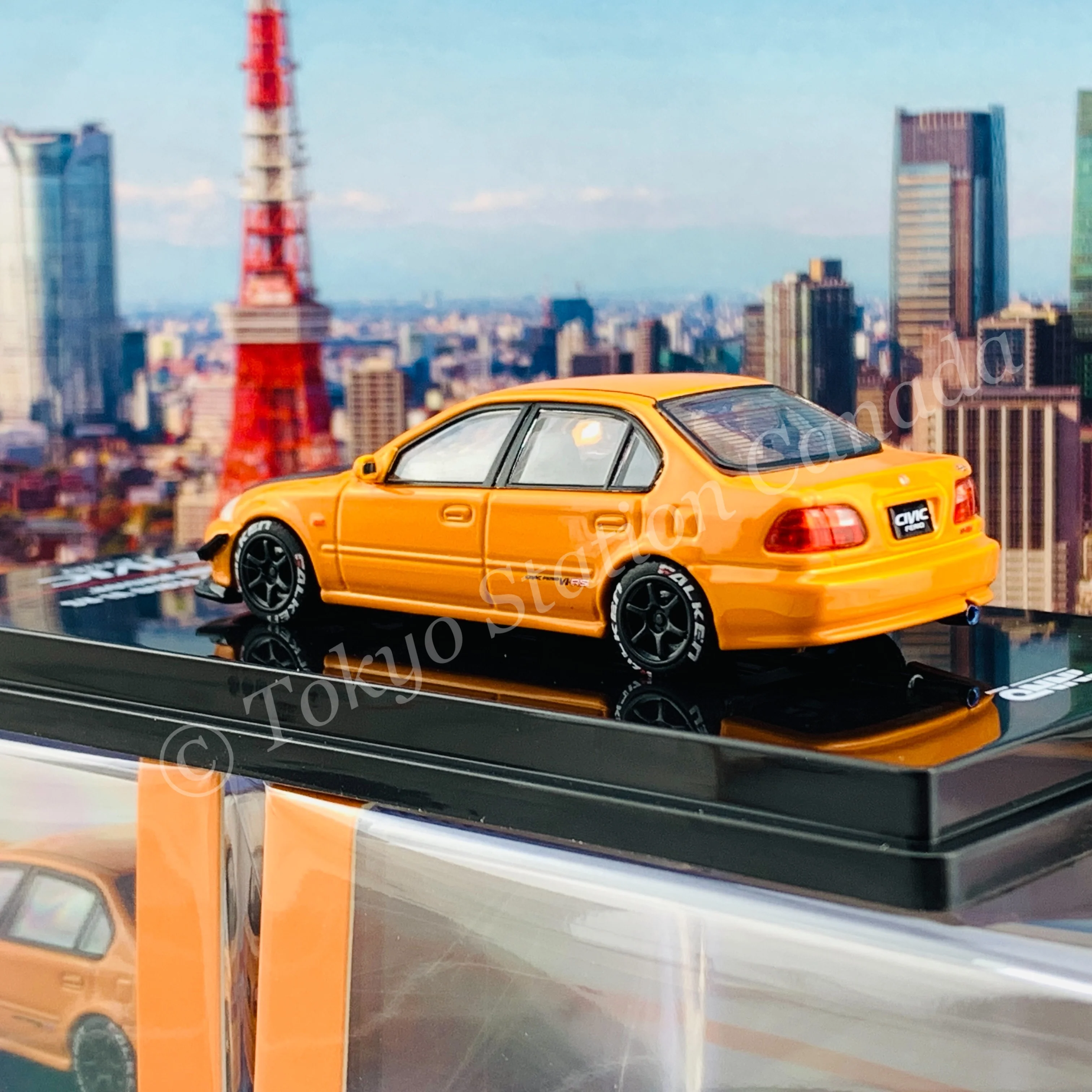 INNO64 1/64 HONDA CIVIC FERIO Vi-RS "JDM MOD VERSION" Metallic Orange With extra wheels and extra decals IN64-EKS-ORG - Image 5