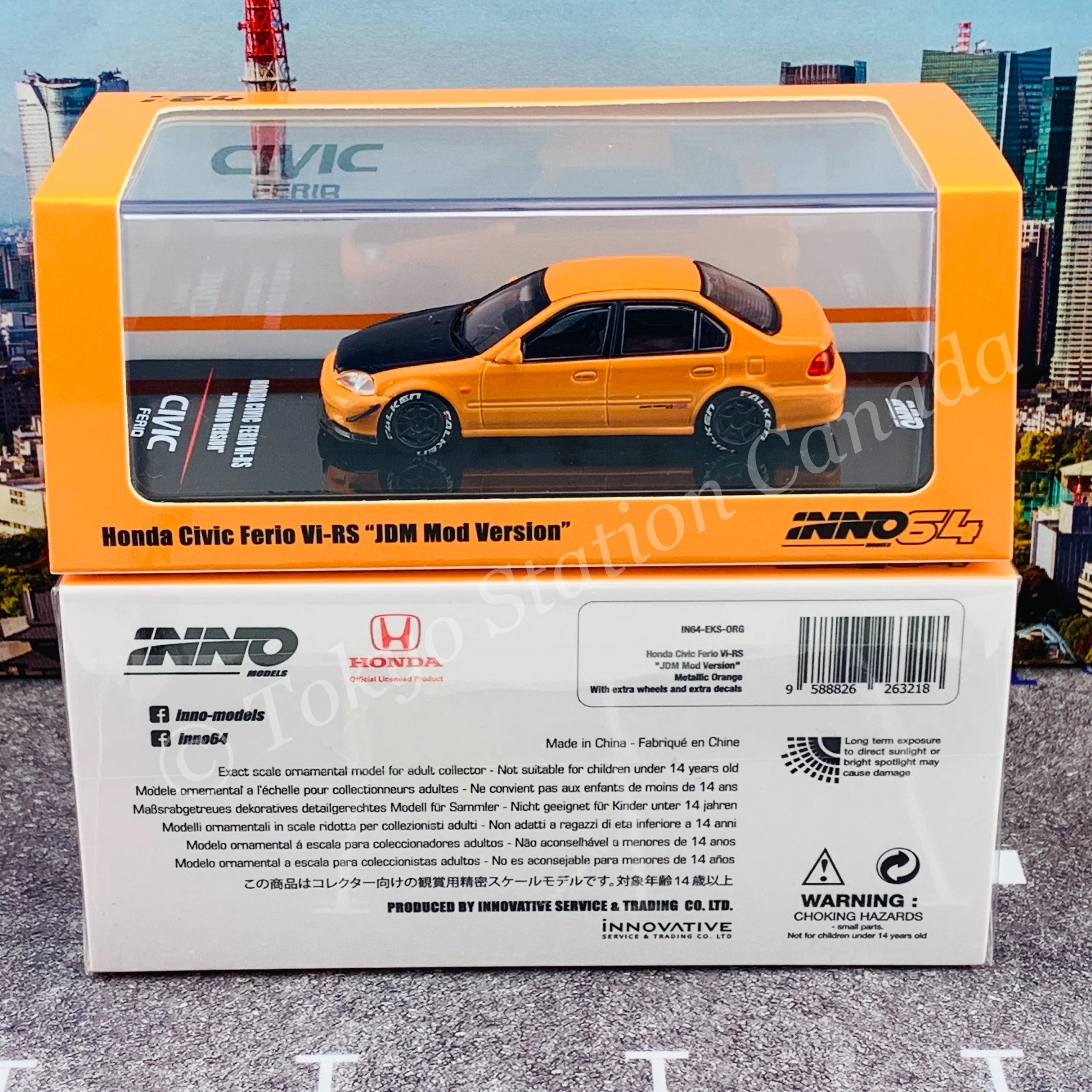 INNO64 1/64 HONDA CIVIC FERIO Vi-RS "JDM MOD VERSION" Metallic Orange With extra wheels and extra decals IN64-EKS-ORG - Image 7
