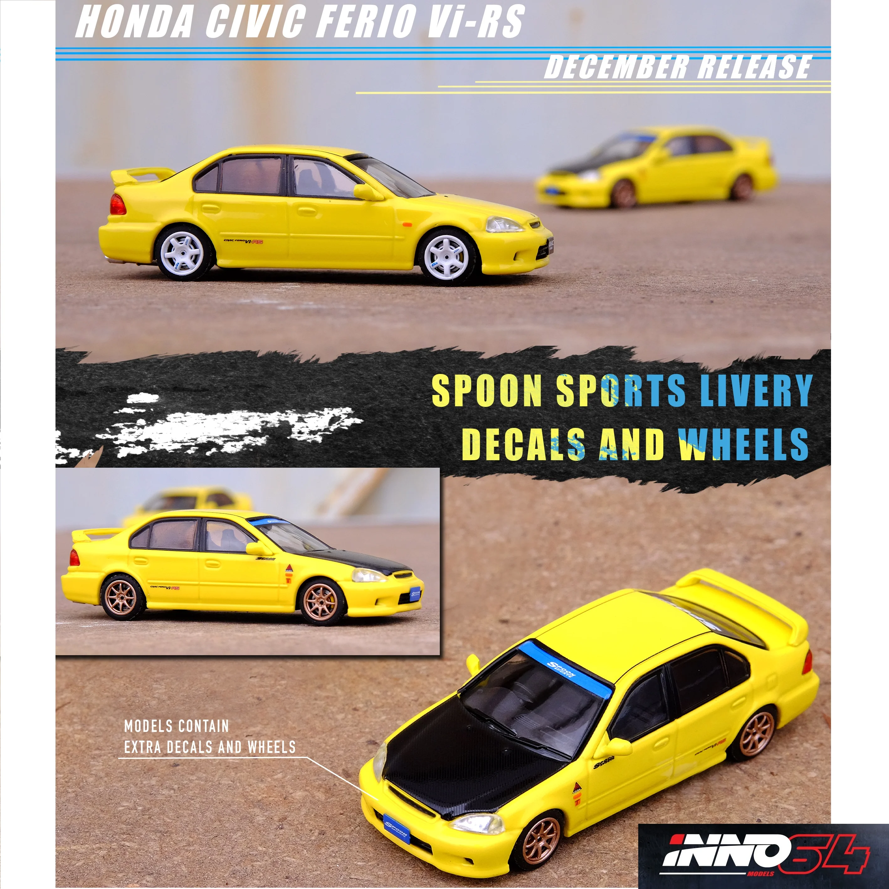 INNO64 1/64 HONDA CIVIC FERIO Vi RS PHOENIX YELLOW JDM MOD VERSION WITH EXTRA SPOON SPORTS WHEELS AND DECALS IN64-EKS-YEL - Image 7