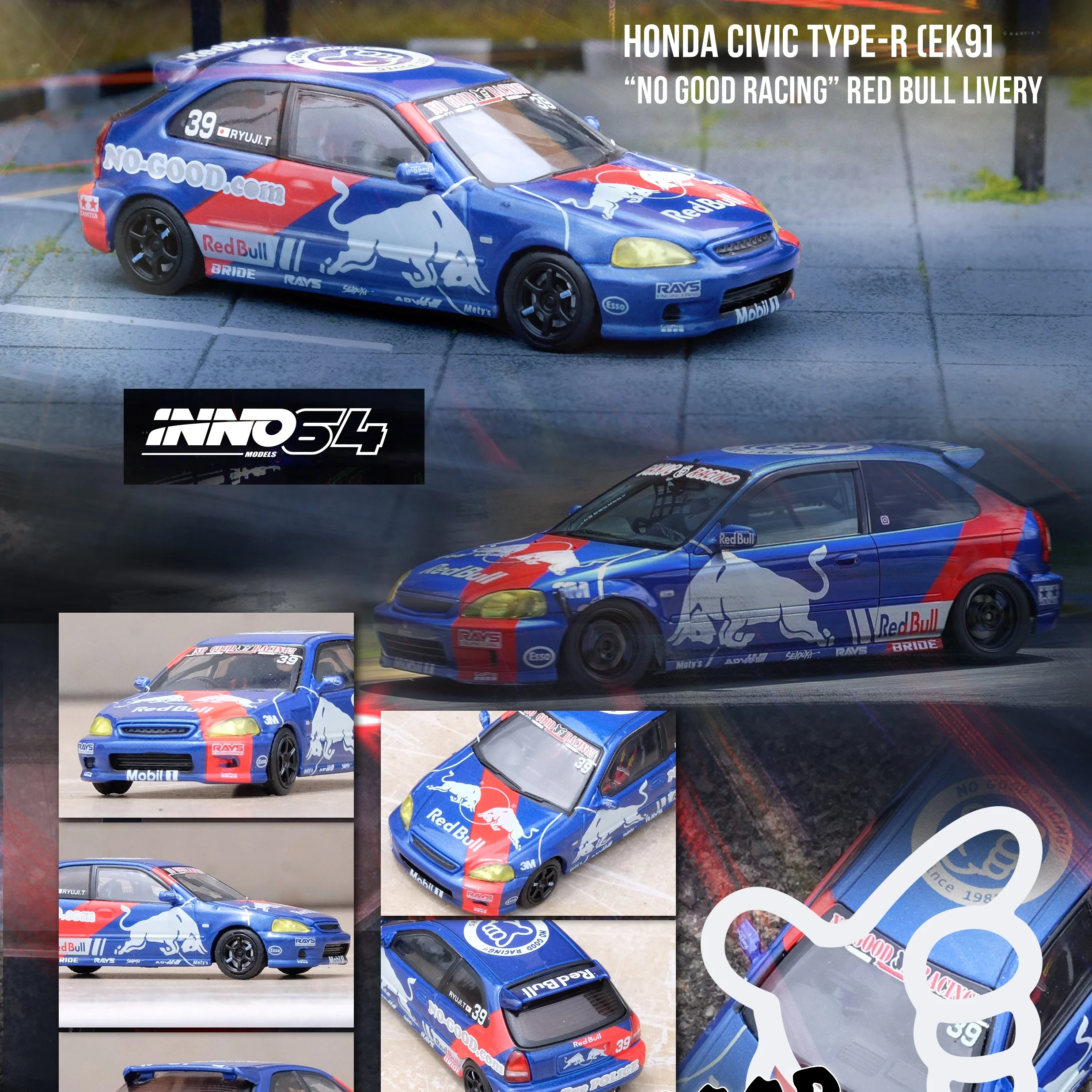 INNO64 1/64 HONDA CIVIC Type-R (EK9) "NO GOOD RACING" Red Bull Livery IN64-EK9-JDM16 - Image 3