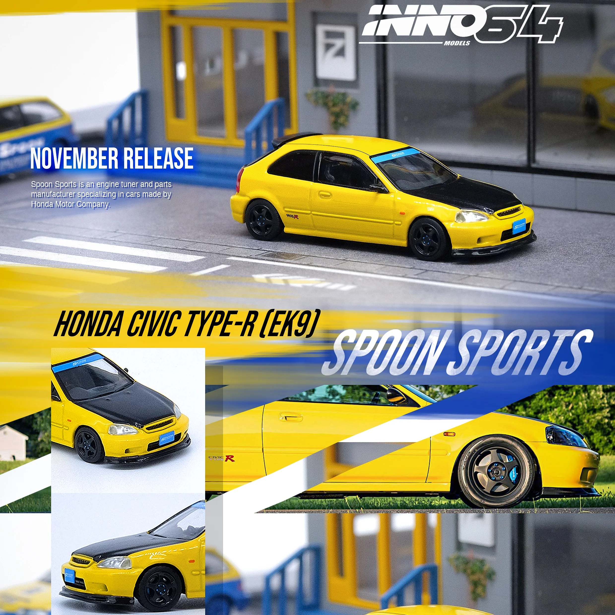 INNO64 1/64 HONDA CIVIC Type-R EK9 Yellow Tuned by Spoon Sports IN64-EK9-YLSP - Image 5
