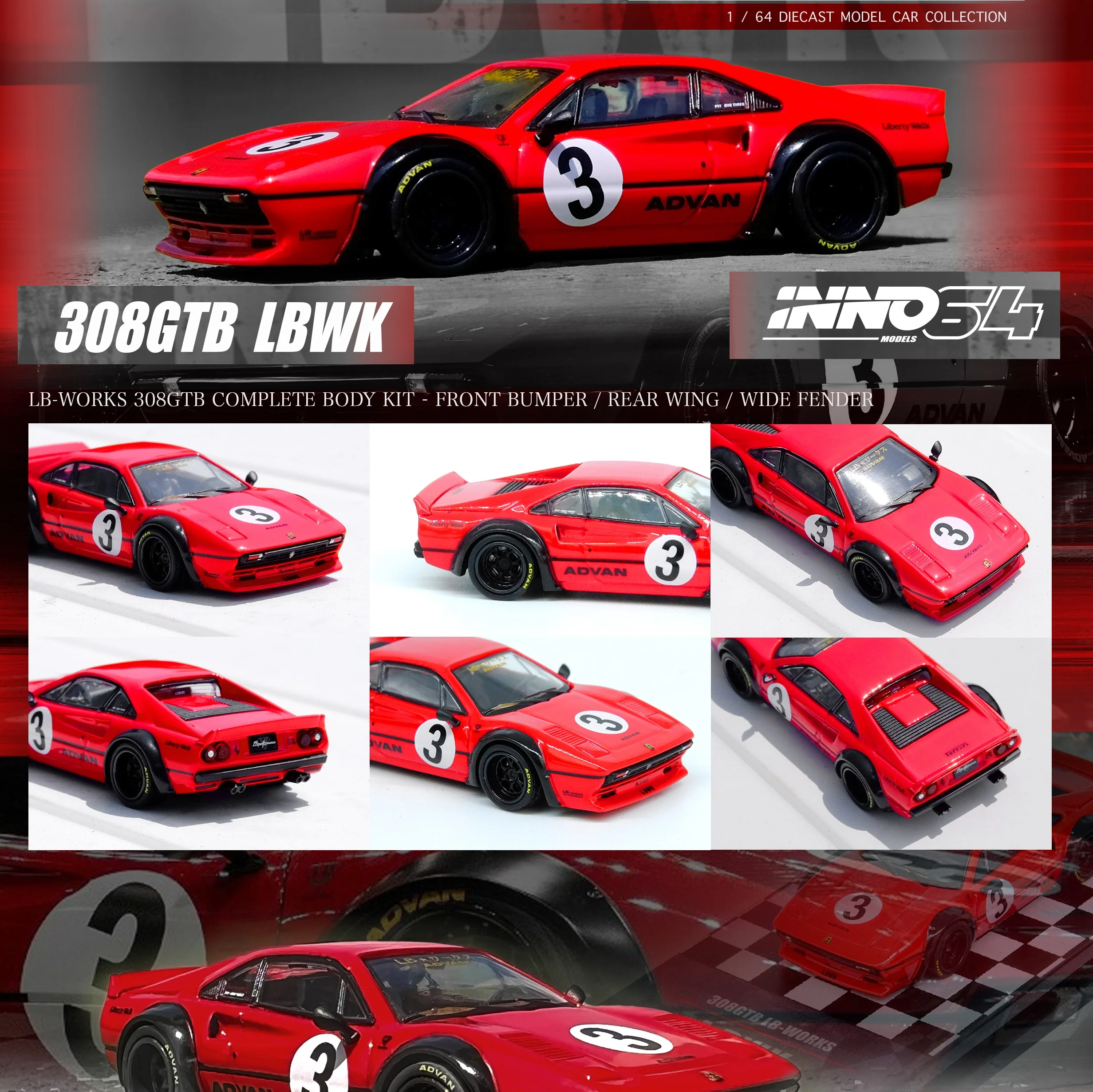 INNO64 1/64 LIBERTY WALK 308 GTB Red IN64-LBWK308-RED - Image 2