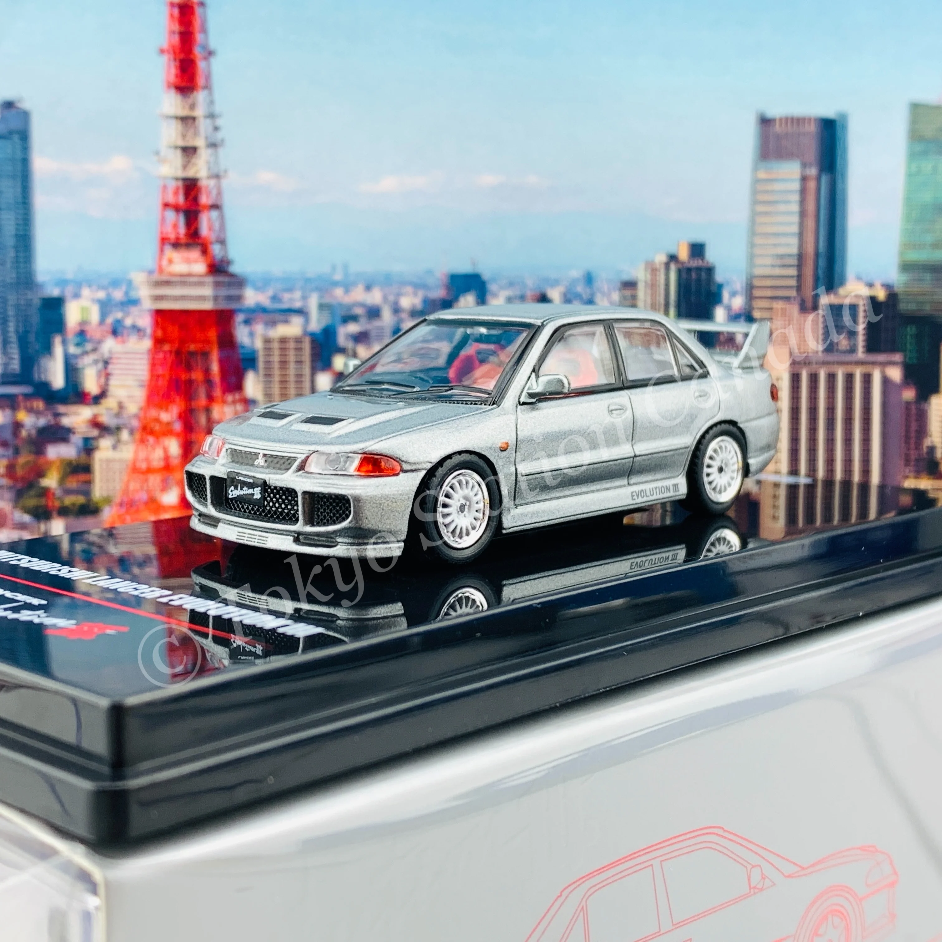 INNO64 1/64 MITSUBISHI LANCER EVOLUTION III GSR Metallic Grey With Extra Decals and Extra Wheels IN64-EVO3-MG - Image 2
