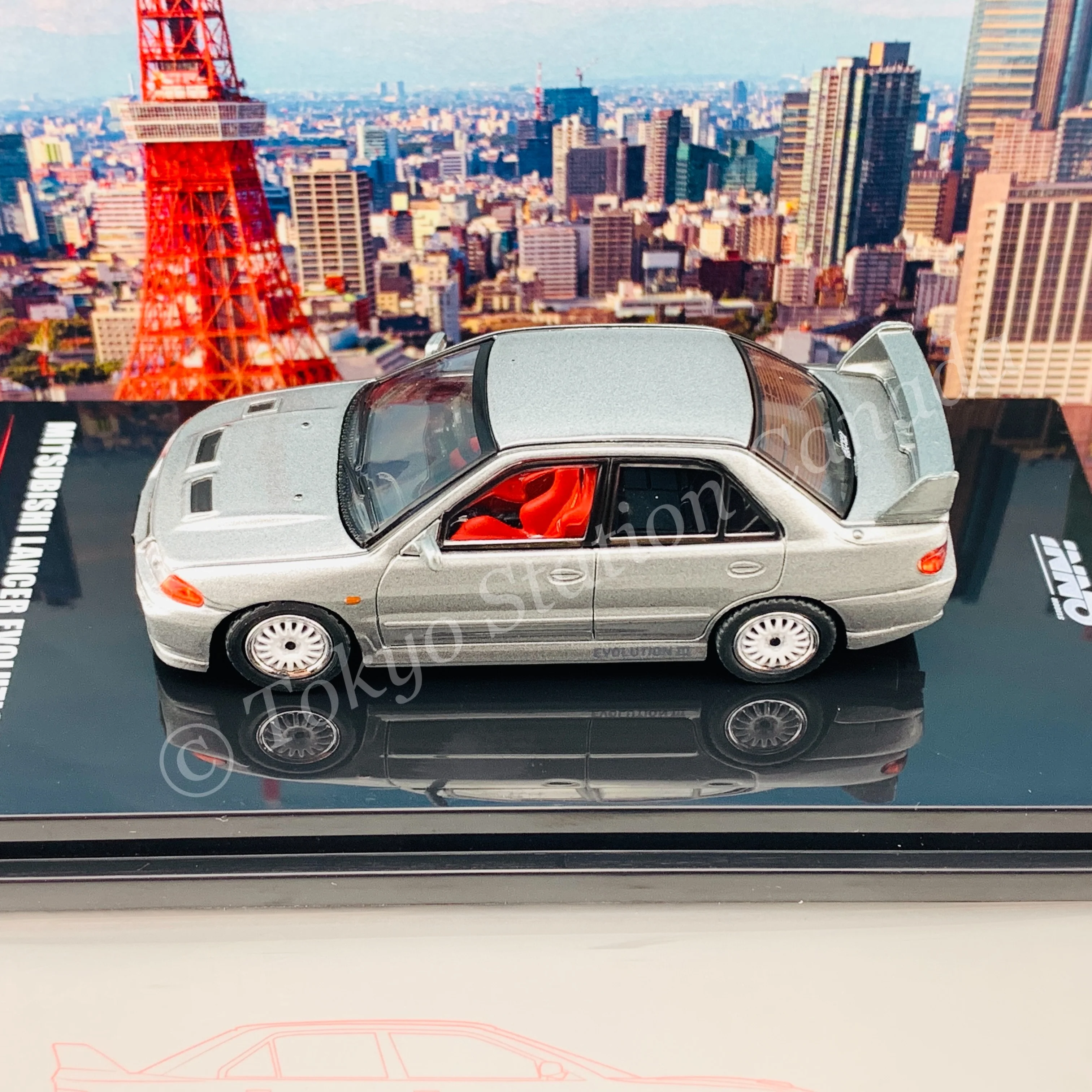 INNO64 1/64 MITSUBISHI LANCER EVOLUTION III GSR Metallic Grey With Extra Decals and Extra Wheels IN64-EVO3-MG - Image 4