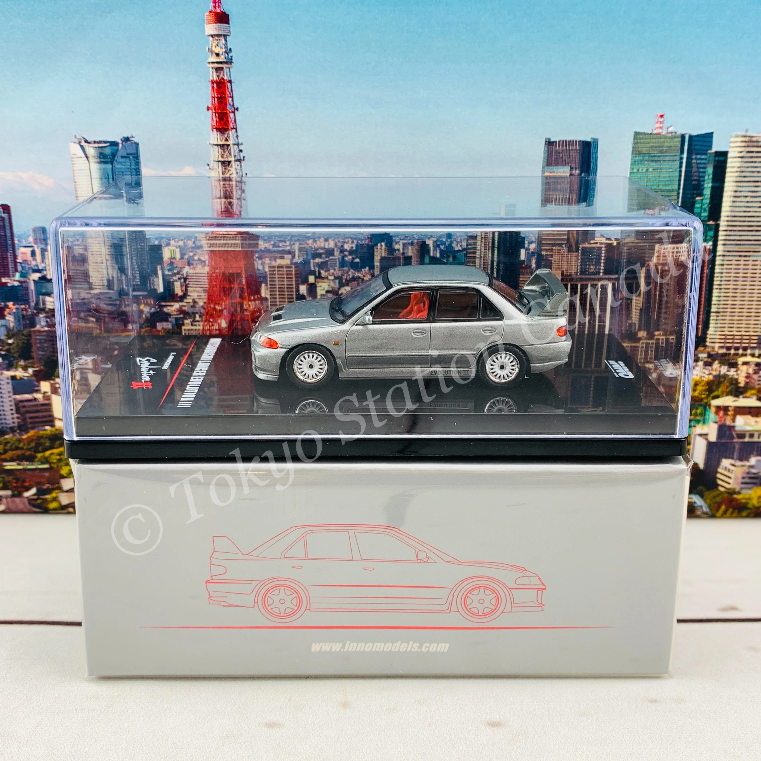 INNO64 1/64 MITSUBISHI LANCER EVOLUTION III GSR Metallic Grey With Extra Decals and Extra Wheels IN64-EVO3-MG - Image 8