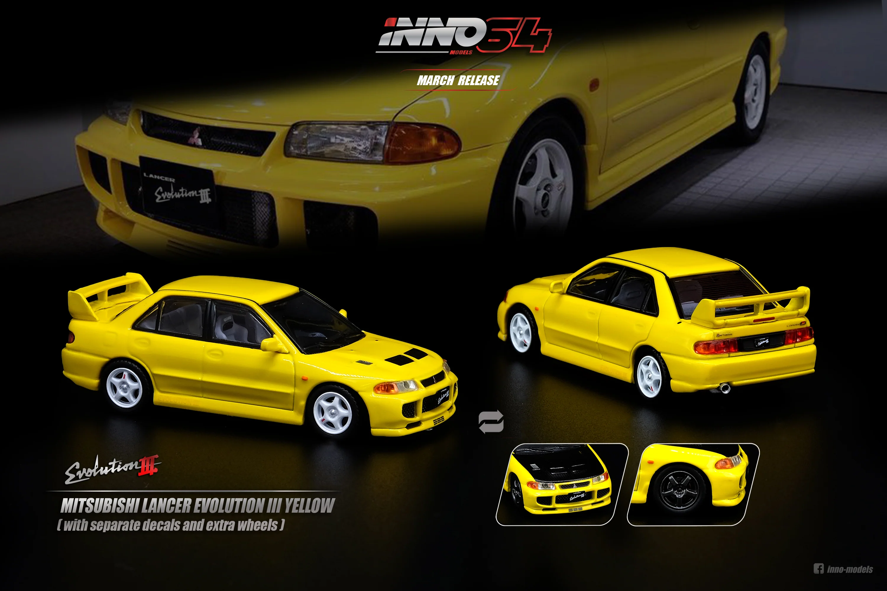 INNO64 1/64 MITSUBISHI LANCER EVOLUTION III 1995 Yellow Whith Separate bonnet carbon decals and Extra wheels IN64-EVO3-YL - Image 6