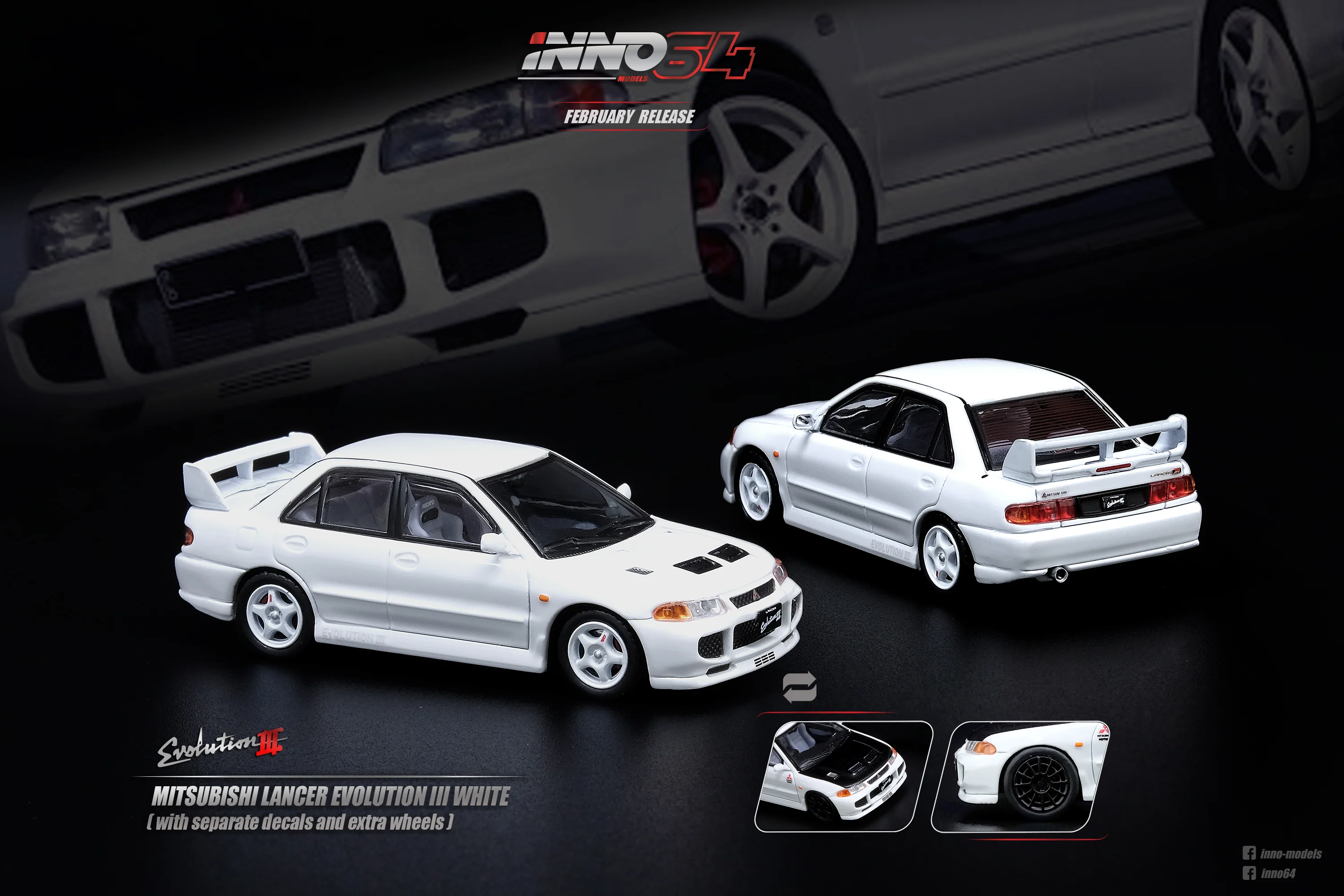 INNO64 1/64 MITSUBISHI LANCER EVOLUTION III White with Extra Decals and Wheels  IN64-EVO3-WHI - Image 7