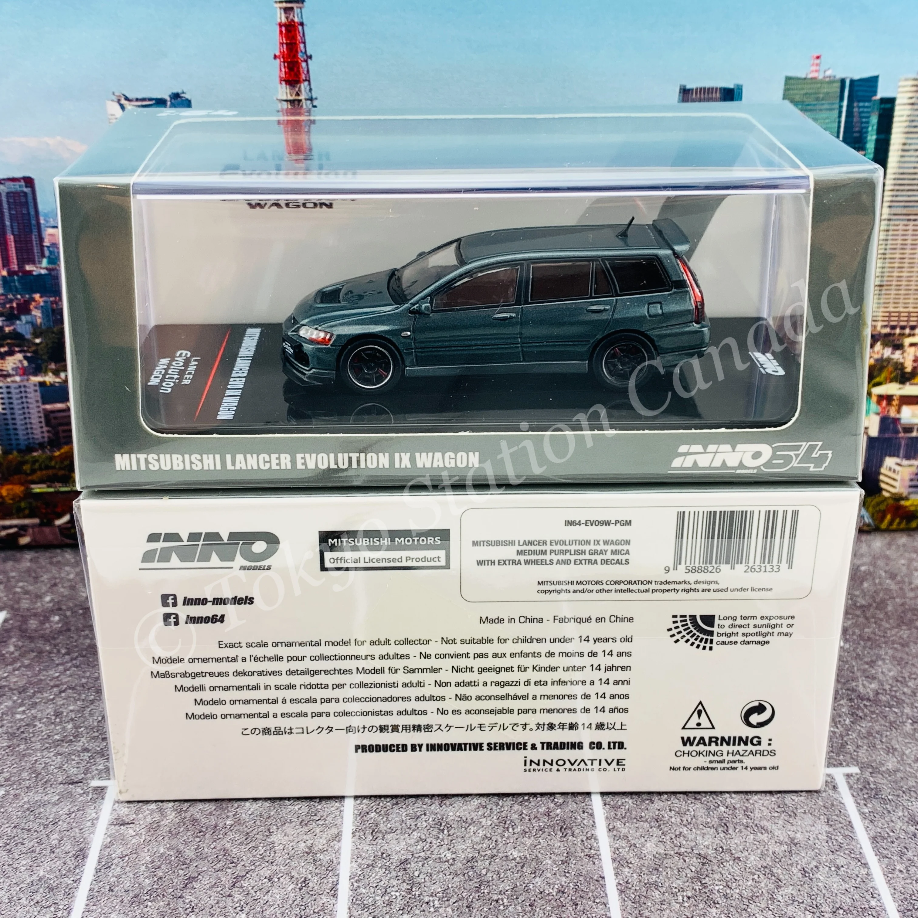 INNO64 1/64 MITSUBISHI LANCER EVOLUTION IX WAGON Medium Purplish Gray Mica With Extra Wheels and Extra decals IN64-EVO9W-PGM - Image 7