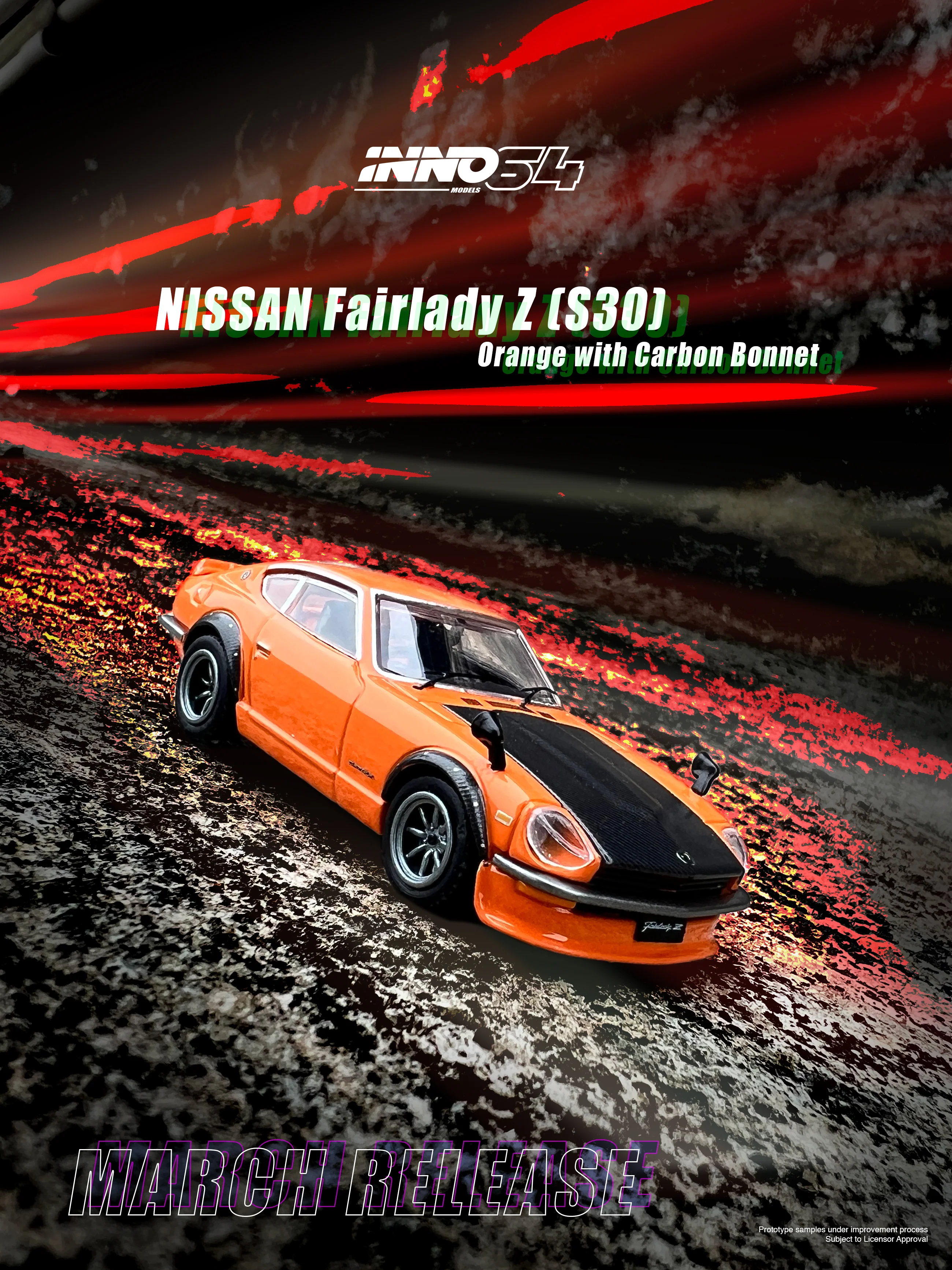 INNO64 1/64 NISSAN FAIRLADY Z (S30) Orange With Carbon Bonnet IN64-240Z-ORG - Image 2