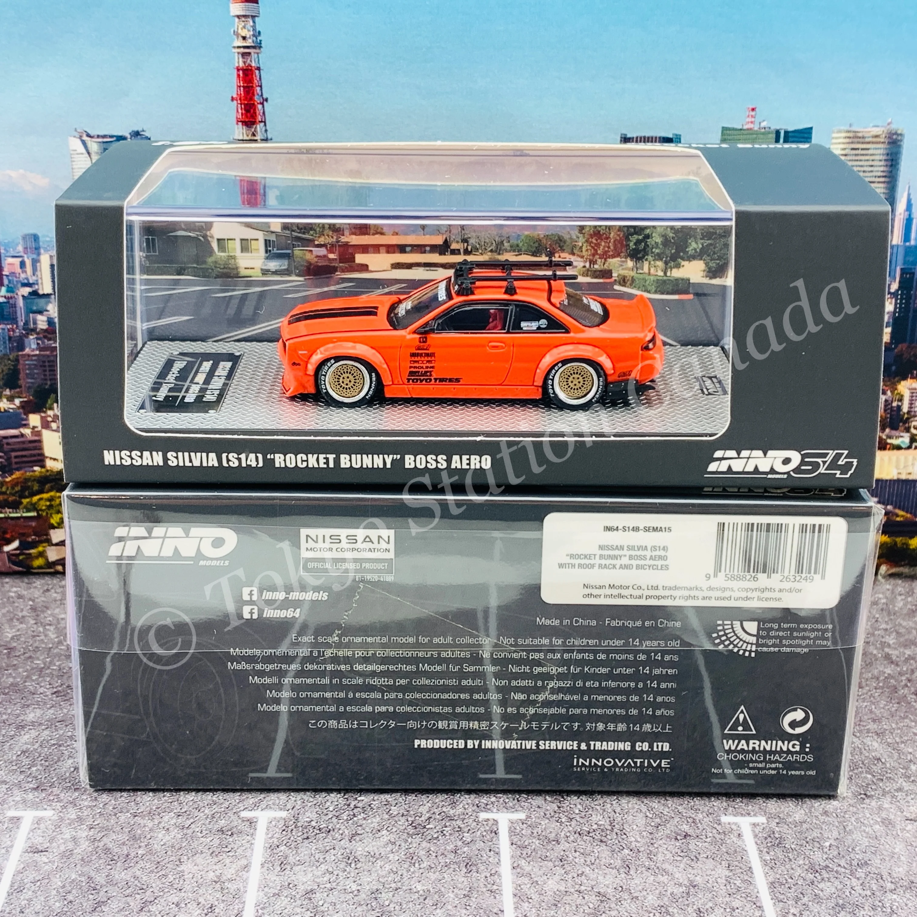 INNO64 1/64 NISSAN SILVIA S14 Rocket Bunny Boss Aero With Roof Rack and Bicycles IN64-S14B-SEMA15 - Image 7