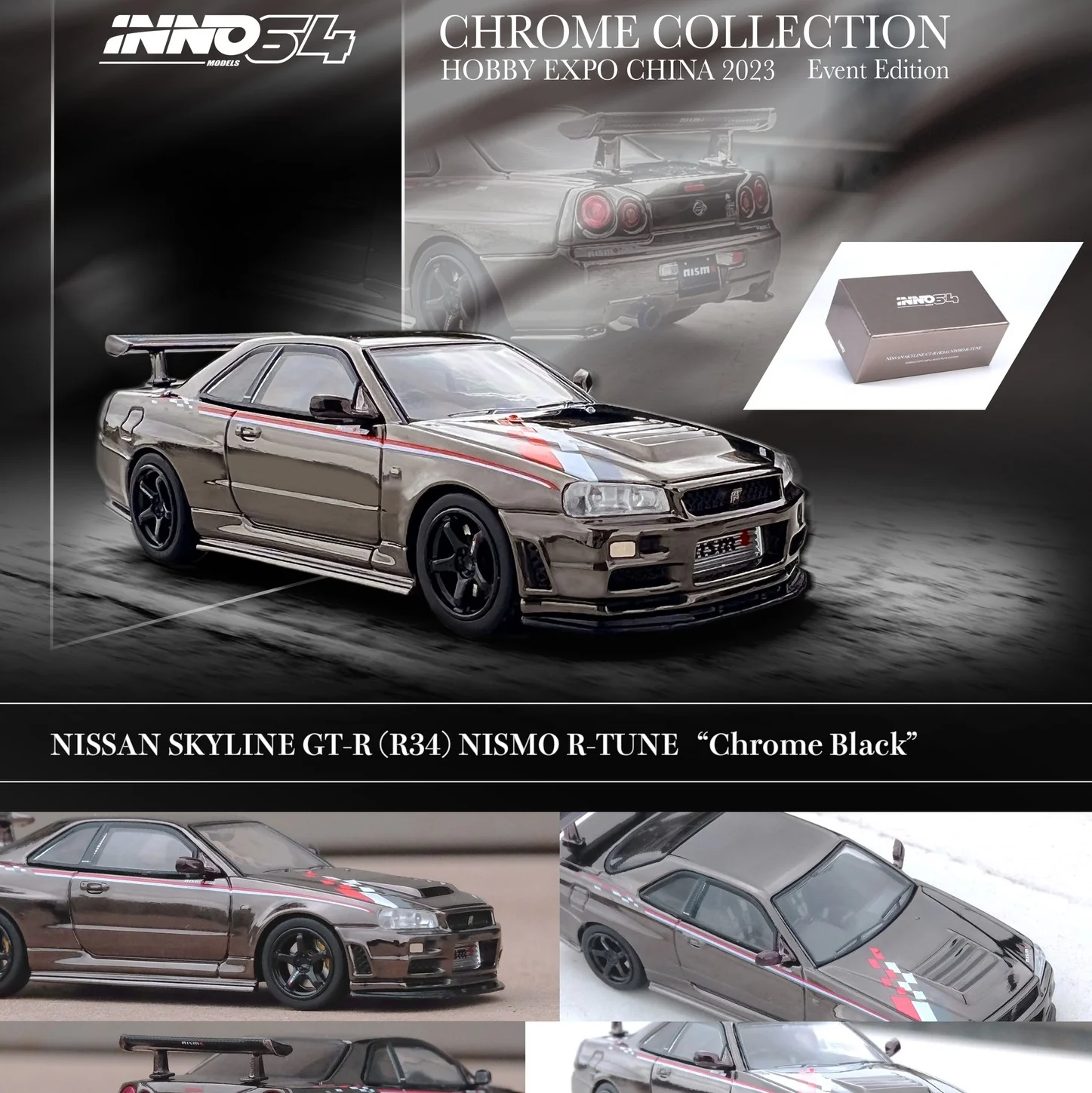INNO64 1/64 NISSAN SKYLINE GT-R (R34) NISMO R-Tune Black Chrome Hobby Expo China 2023 Event Edition IN64-R34RT-BCH - Image 2